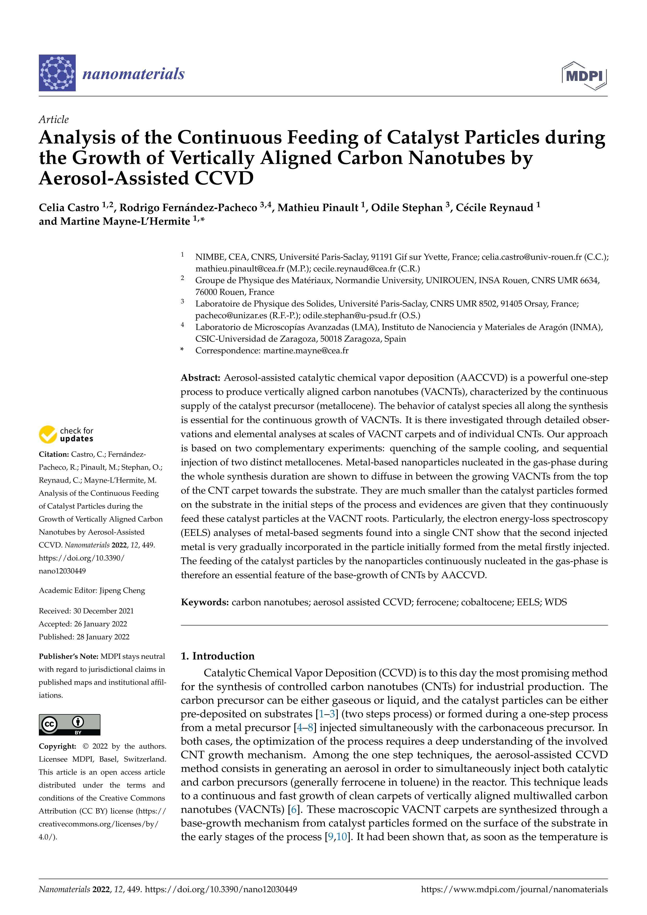 Analysis of the continuous feeding of catalyst particles during the growth of vertically aligned carbon nanotubes by aerosol-assisted CCVD