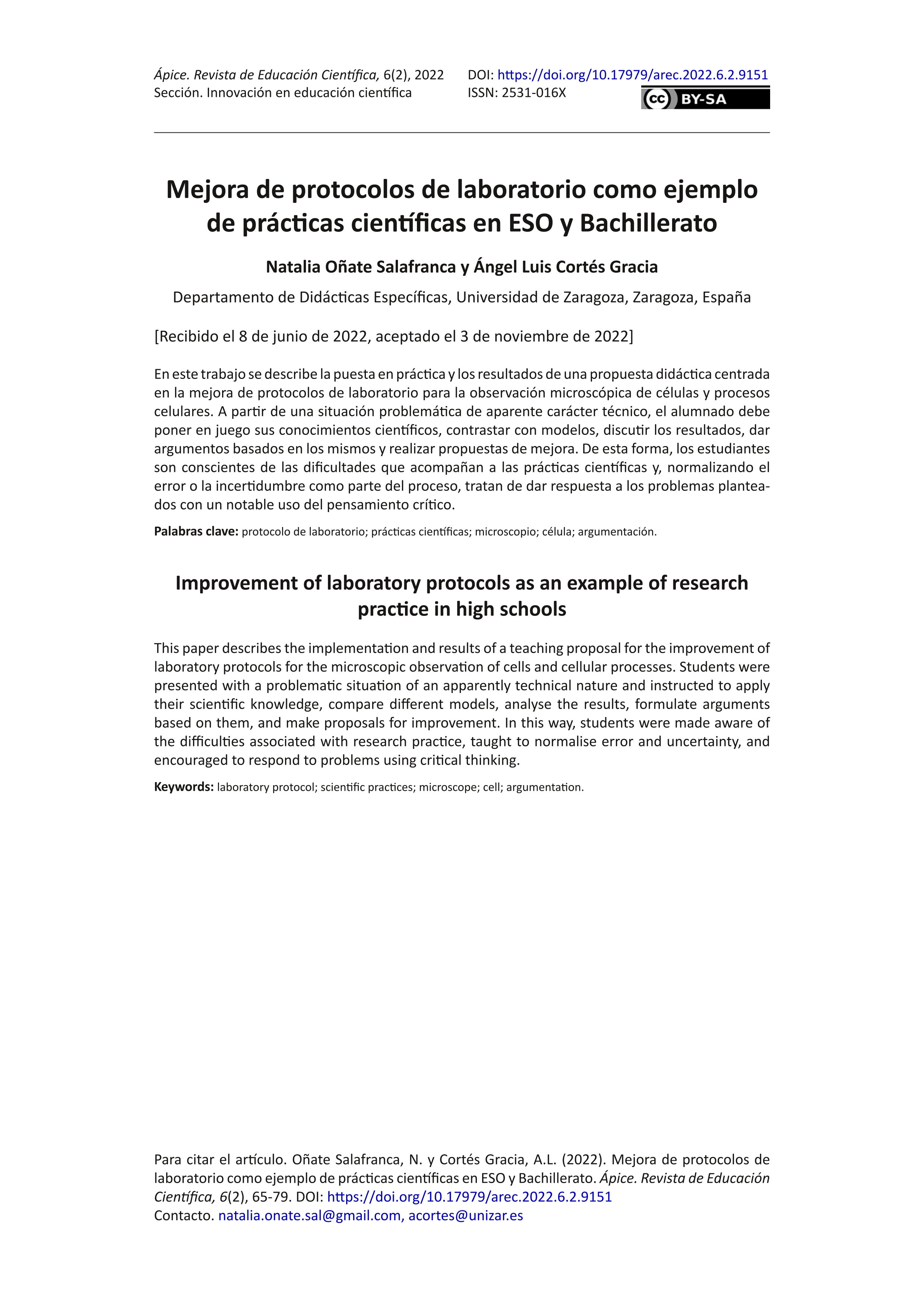 Mejora de protocolos de laboratorio como ejemplo de prácticas científicas en ESO y Bachillerato