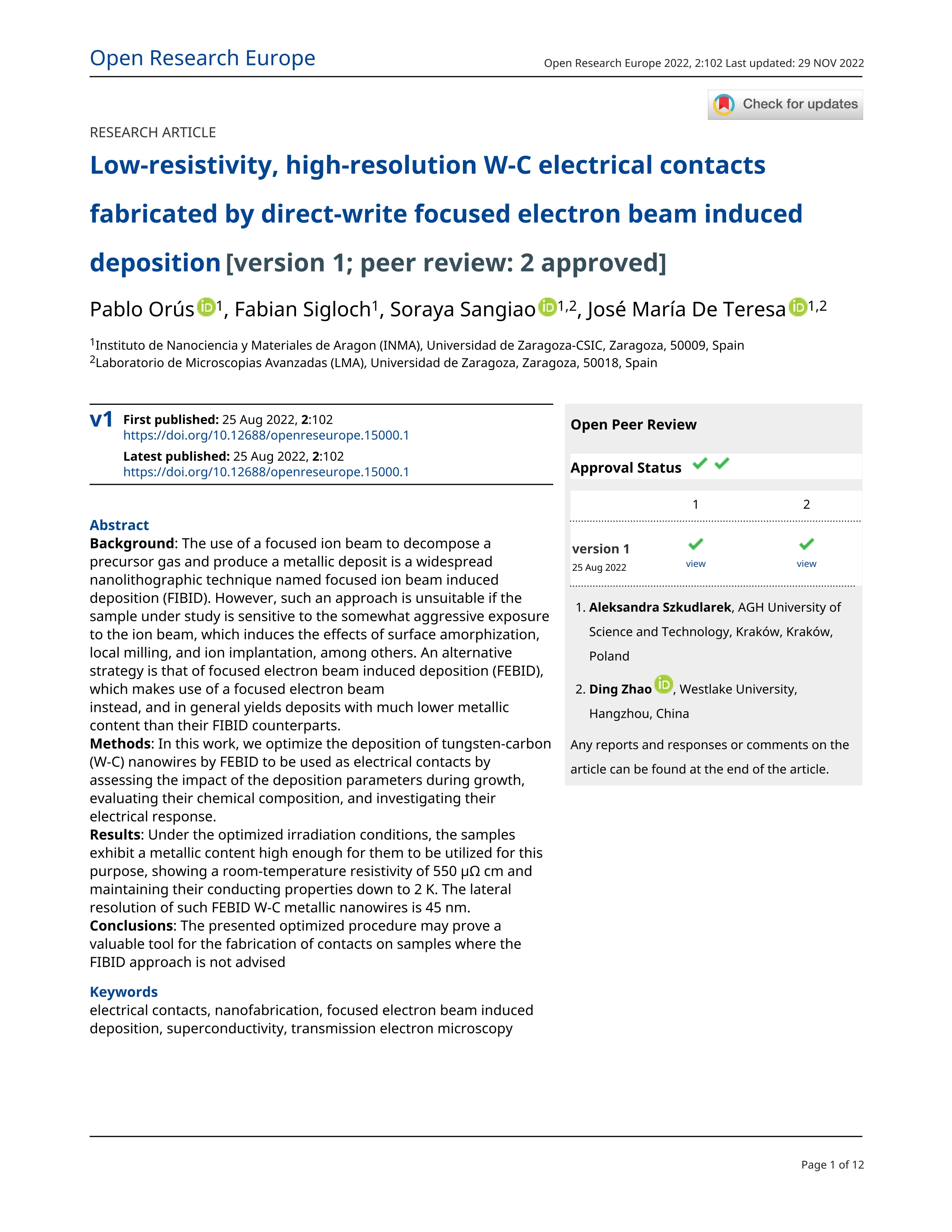 Low-resistivity, high-resolution W-C electrical contacts fabricated by direct-write focused electron beam induced deposition