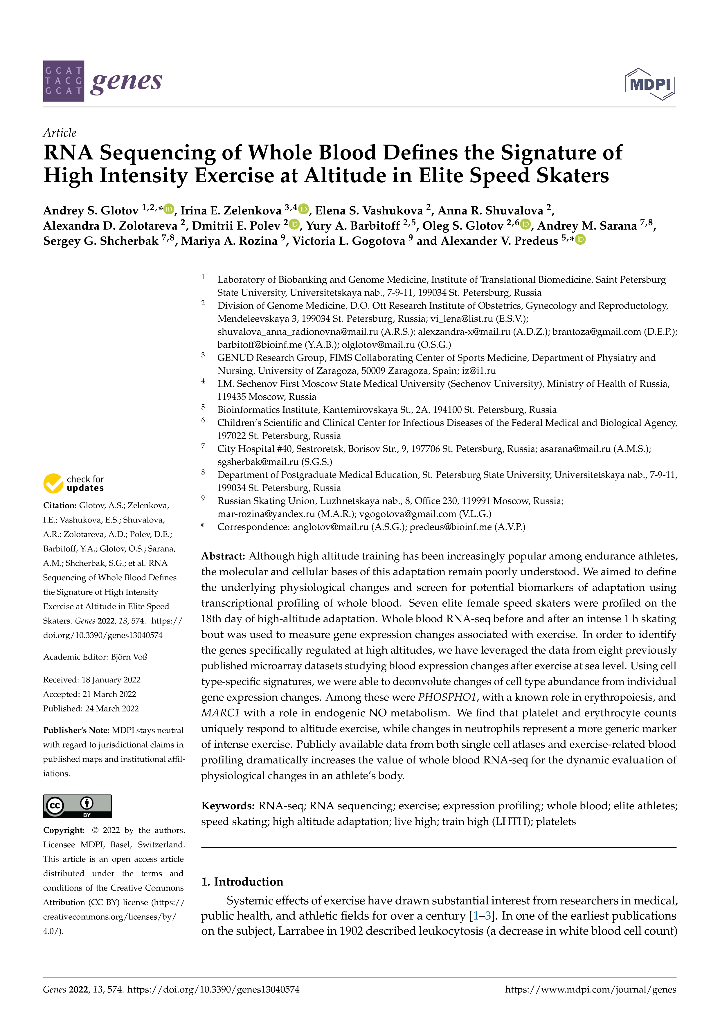 RNA Sequencing of Whole Blood Defines the Signature of High Intensity Exercise at Altitude in Elite Speed Skaters