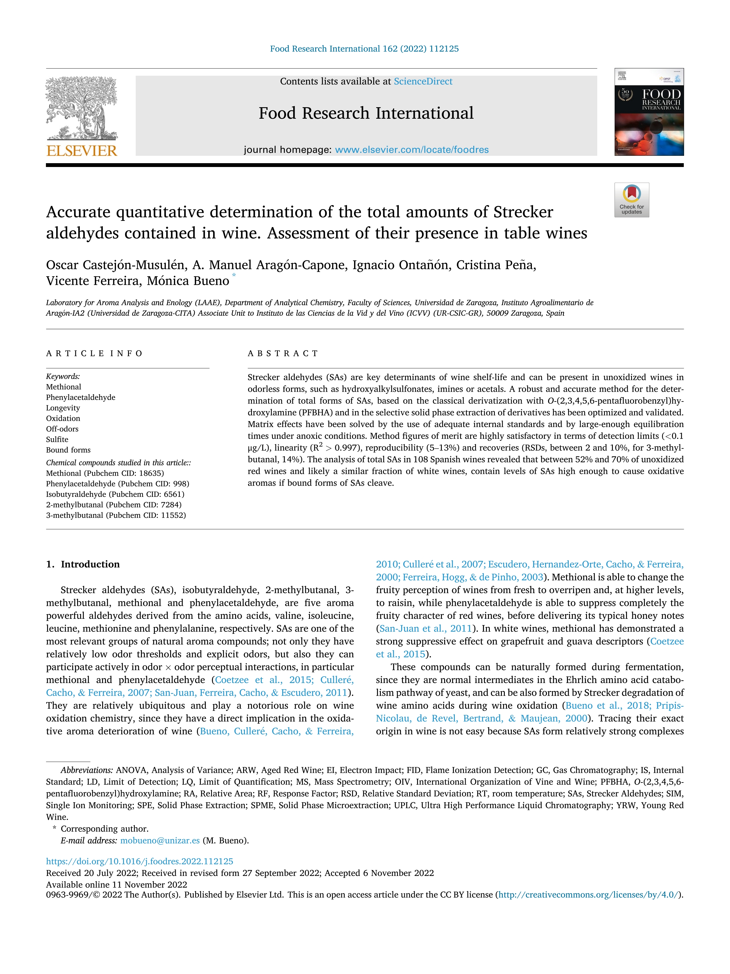 Accurate quantitative determination of the total amounts of Strecker aldehydes contained in wine. Assessment of their presence in table wines