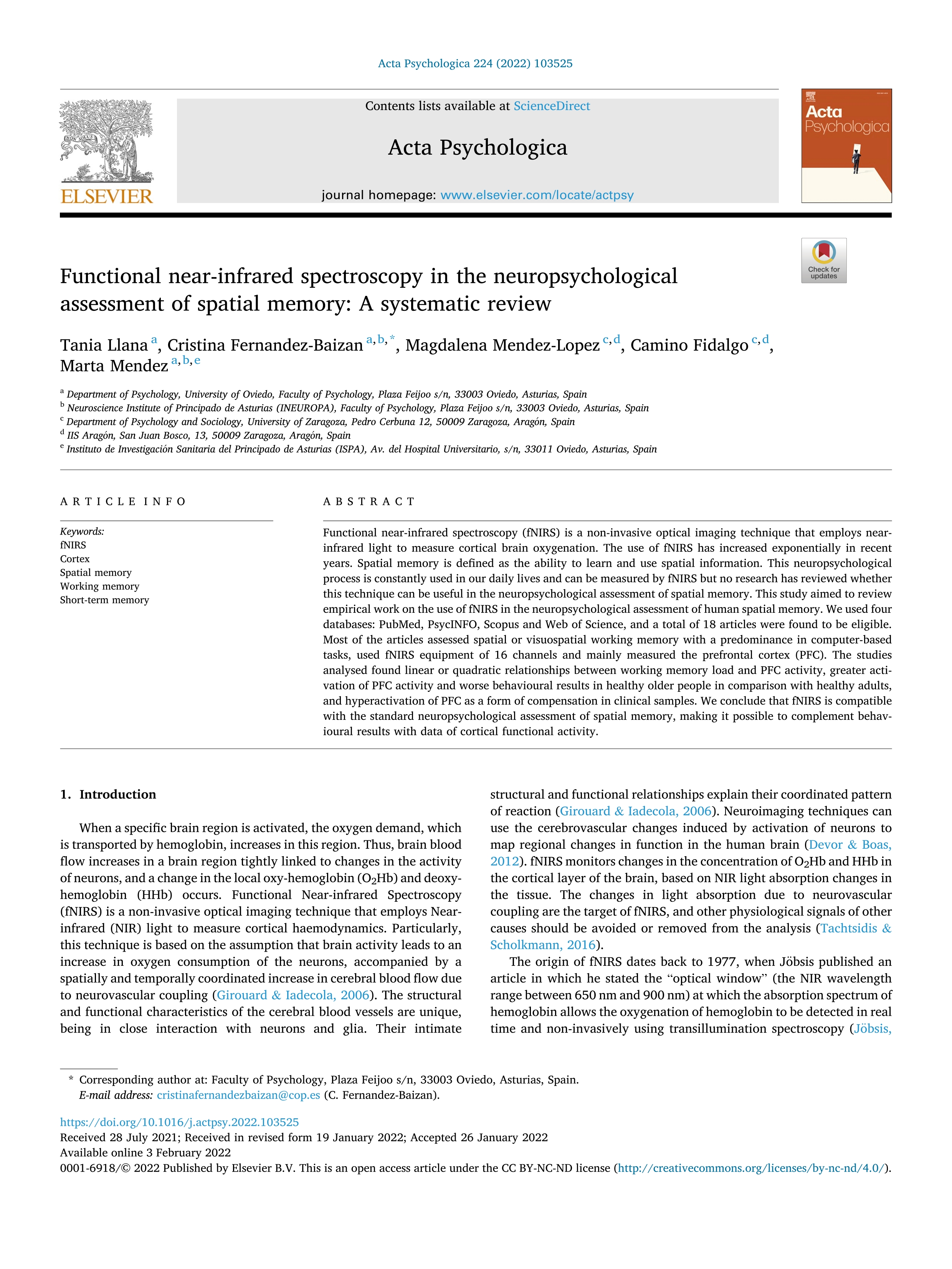 Functional near-infrared spectroscopy in the neuropsychological assessment of spatial memory: A systematic review; 35123299