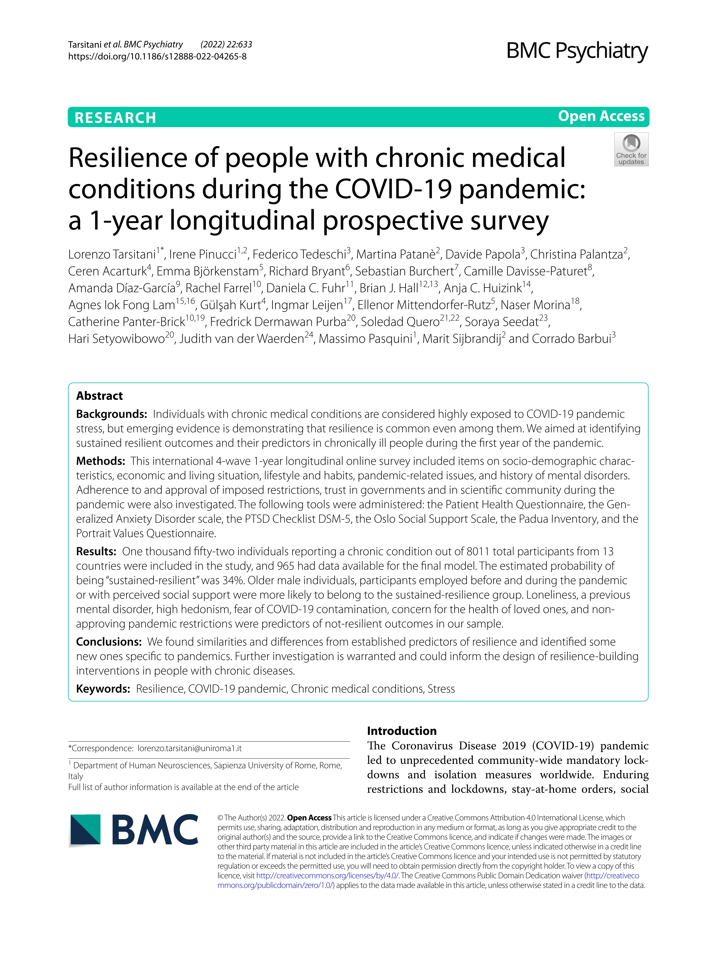 Resilience of people with chronic medical conditions during the COVID-19 pandemic: a 1-year longitudinal prospective survey