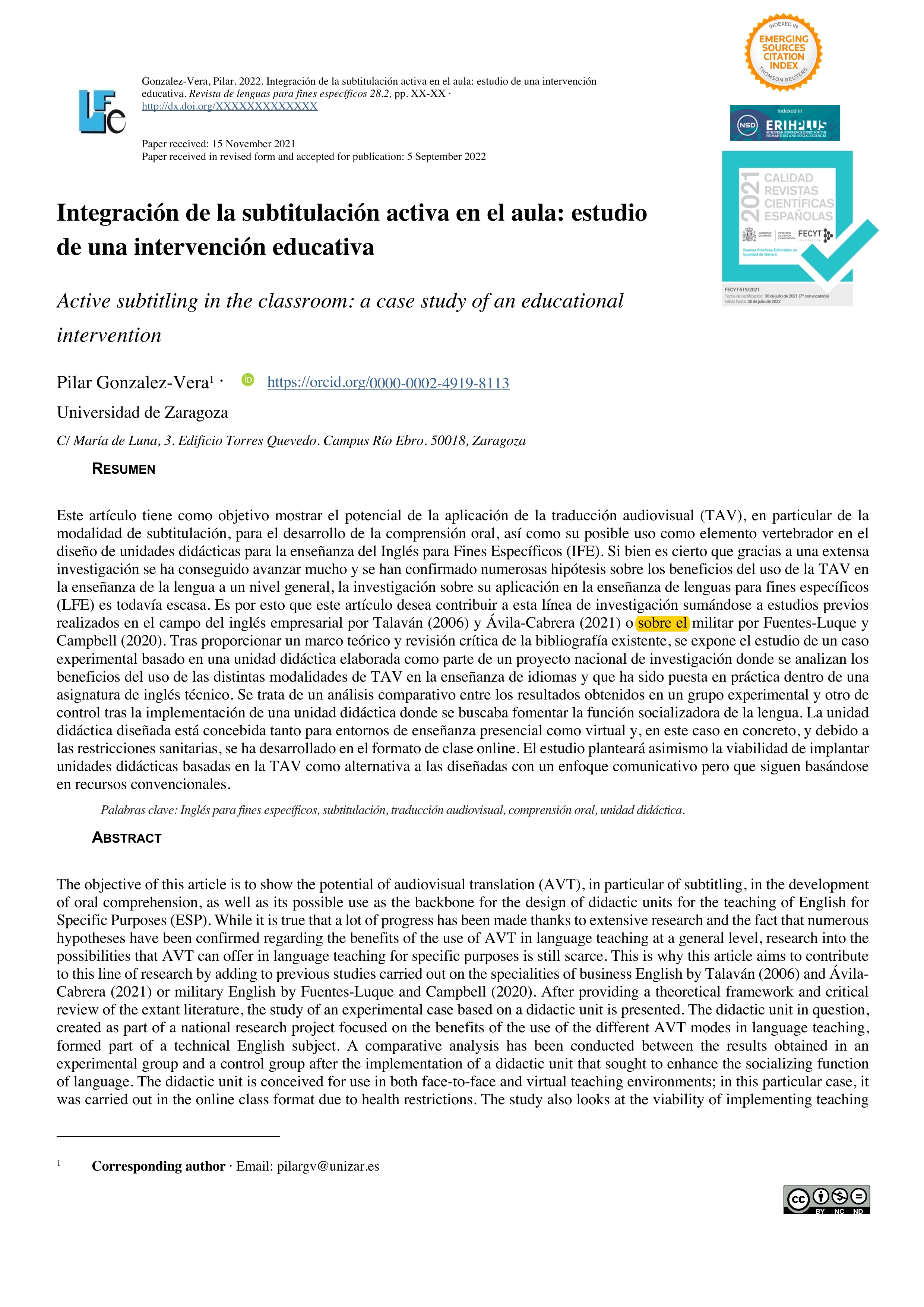 Integración de la subtitulación activa en el aula: estudio de una intervención educativa