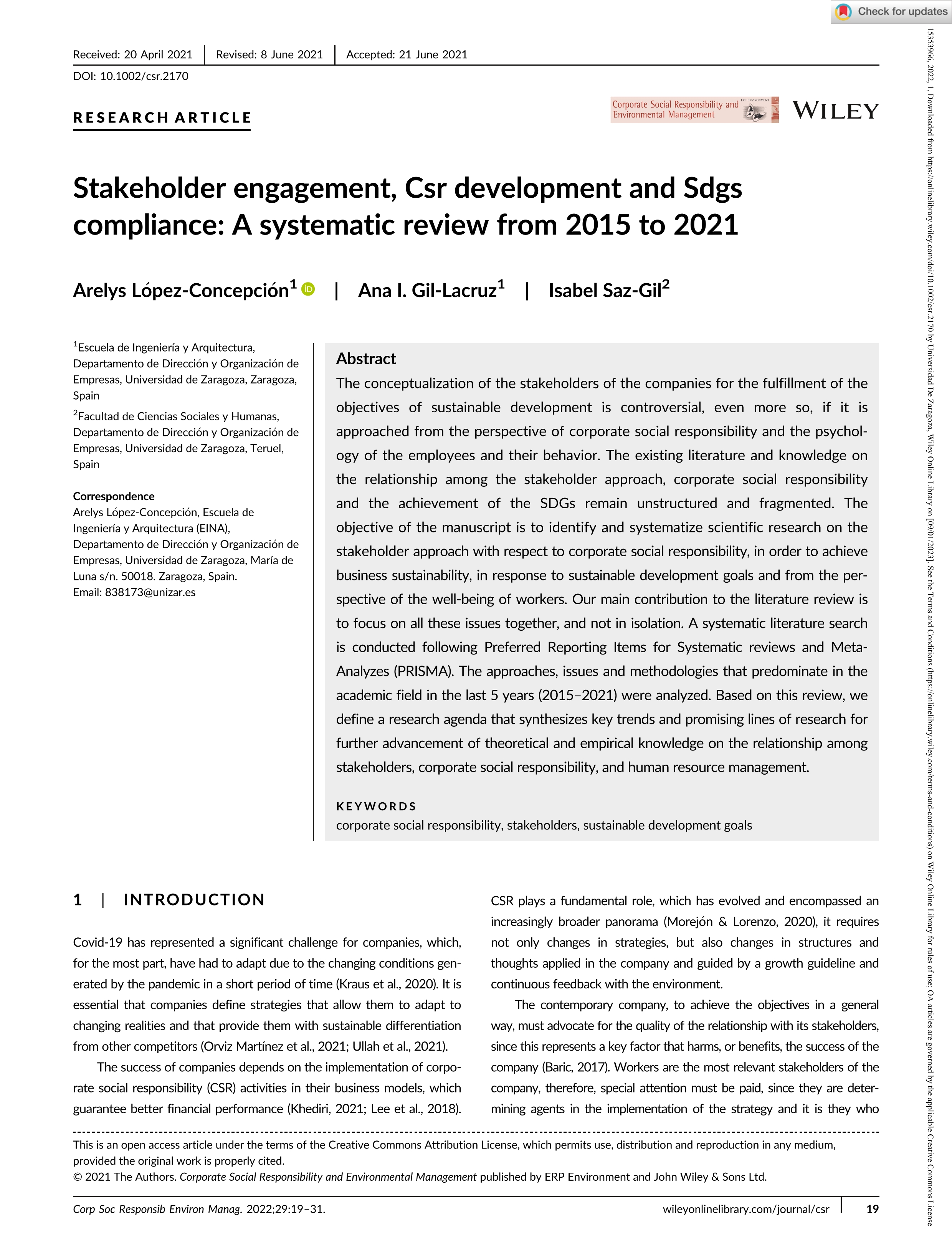 Stakeholder engagement, Csr development and Sdgs compliance: A systematic review from 2015 to 2021