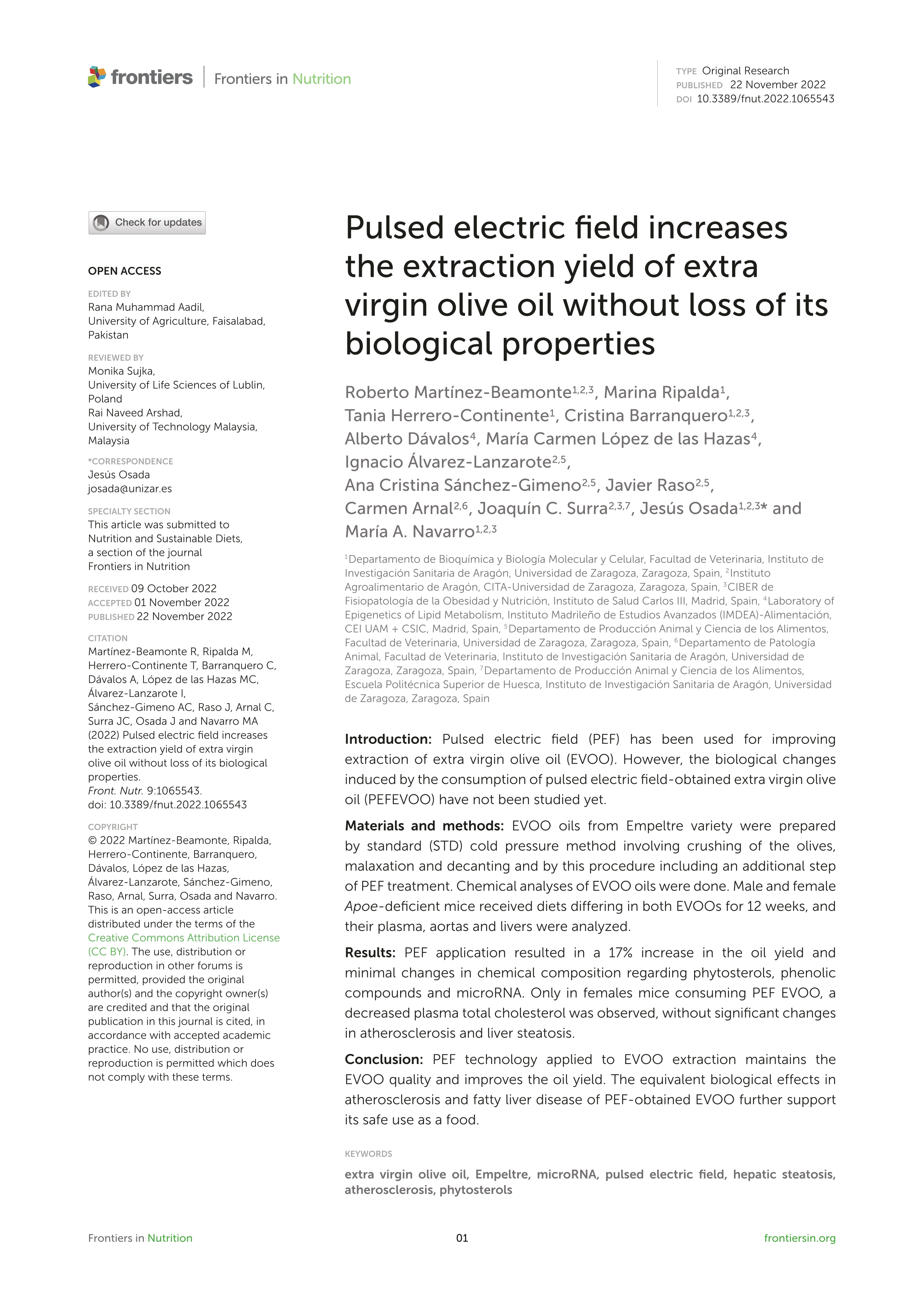 Pulsed electric field increases the extraction yield of extra virgin olive oil without loss of its biological properties