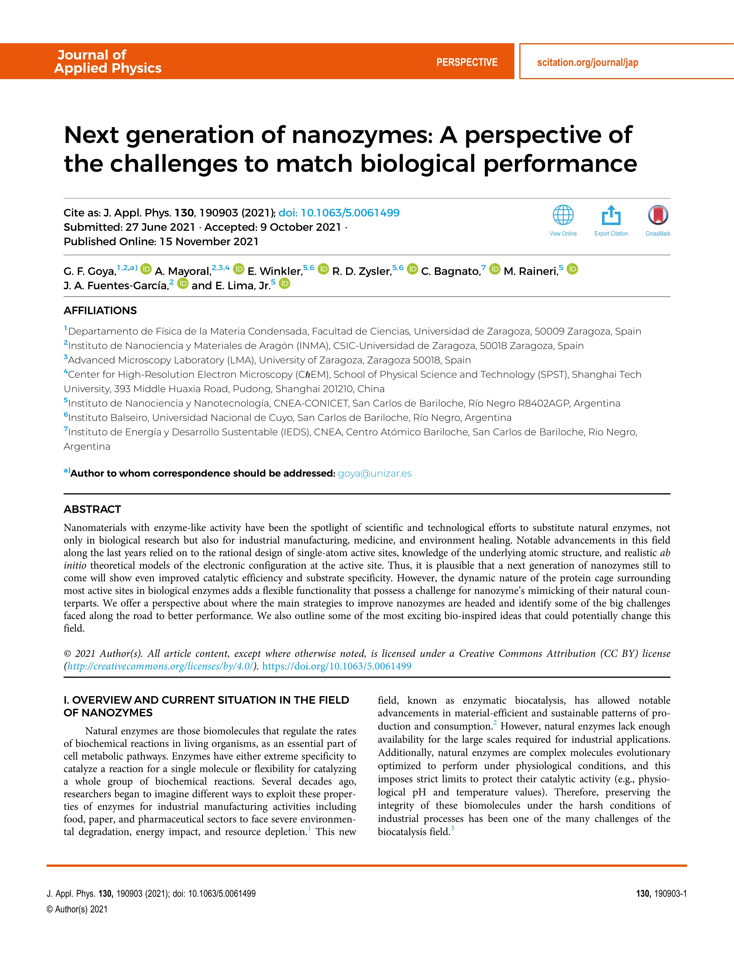 Publisher’s Note: “Next generation of nanozymes: A perspective of the challenges to match biological performance” [J. Appl. Phys. 130, 190903 (2021)]