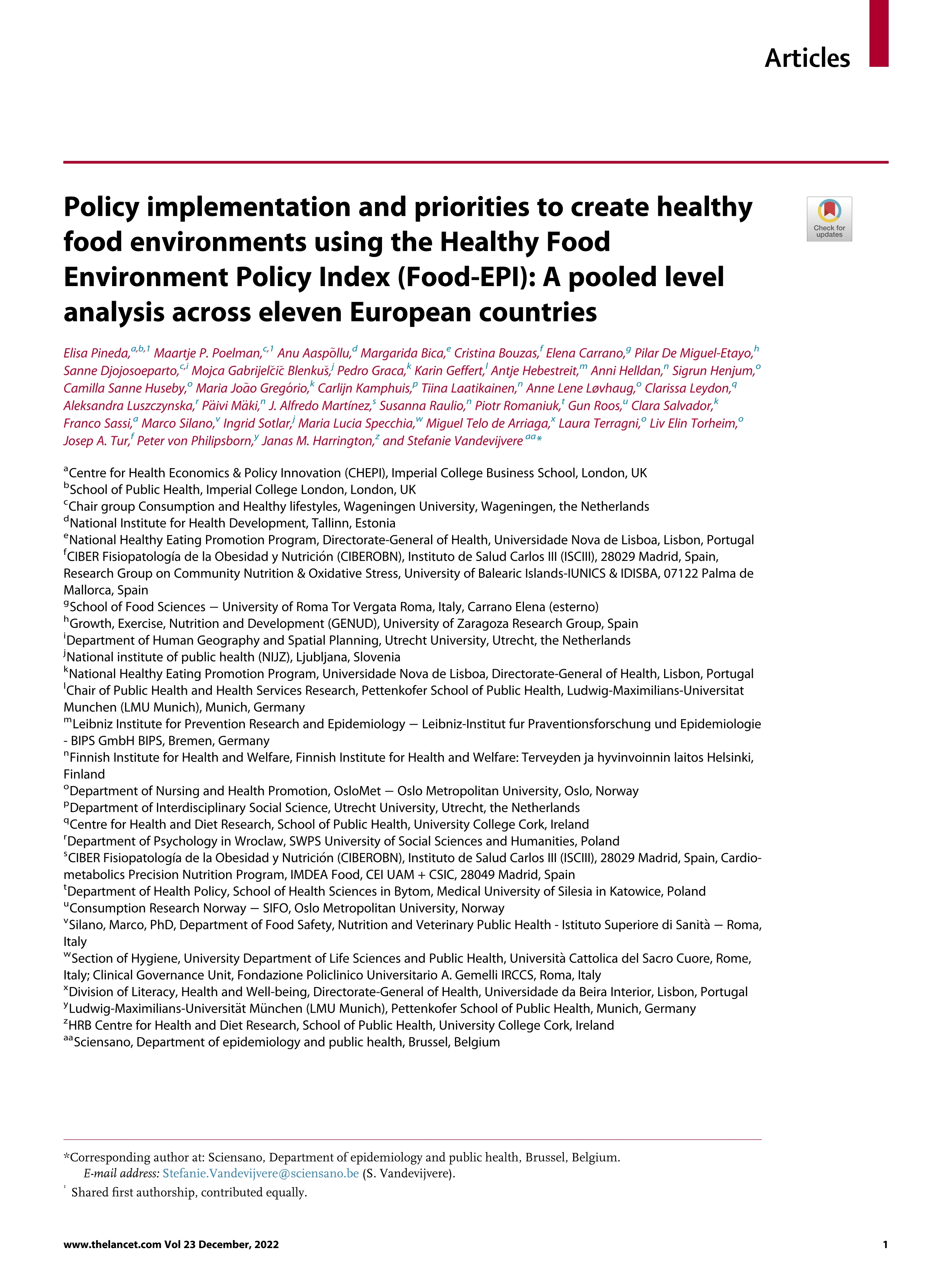 Policy implementation and priorities to create healthy food environments using the Healthy Food Environment Policy Index (Food-EPI): A pooled level analysis across eleven European countries