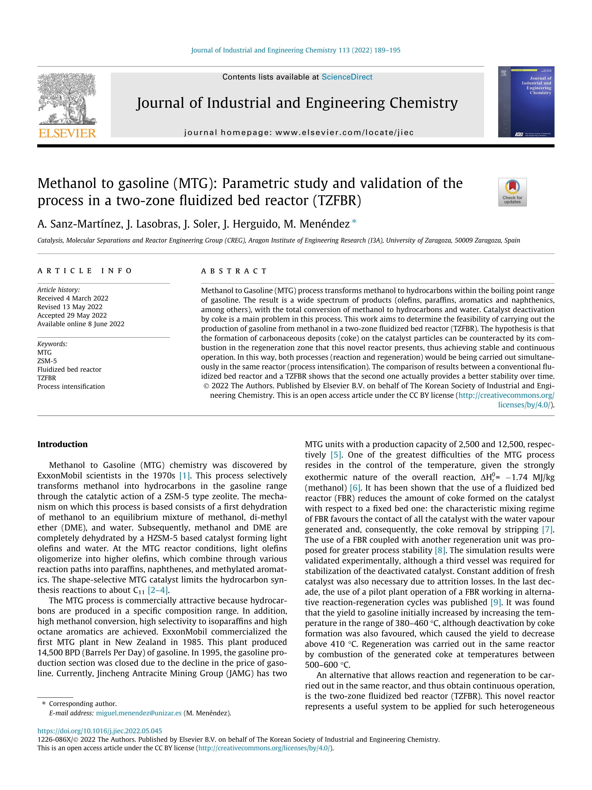 Methanol to gasoline (MTG): Parametric study and validation of the process in a two-zone fluidized bed reactor (TZFBR)