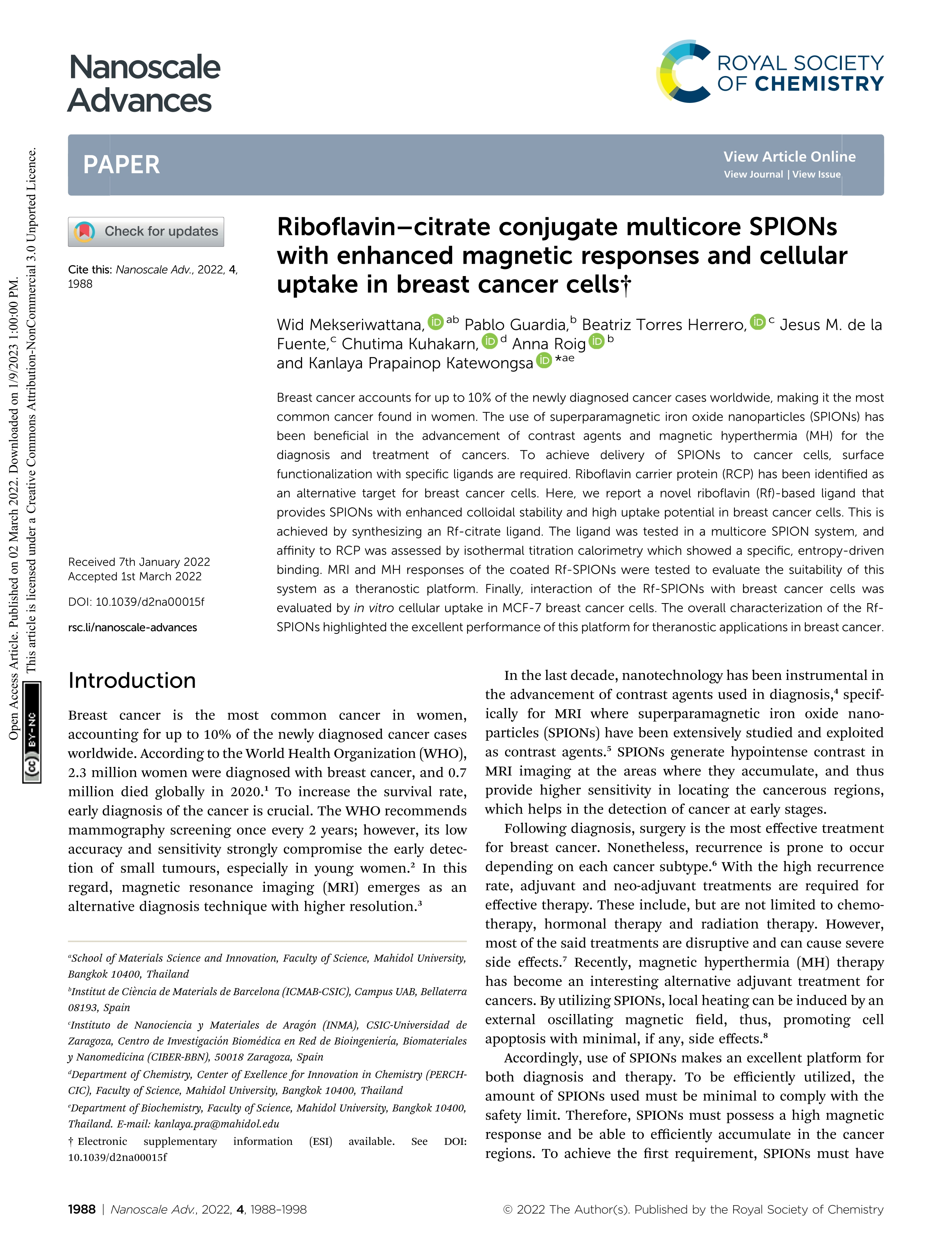 Riboflavin–citrate conjugate multicore SPIONs with enhanced magnetic responses and cellular uptake in breast cancer cells