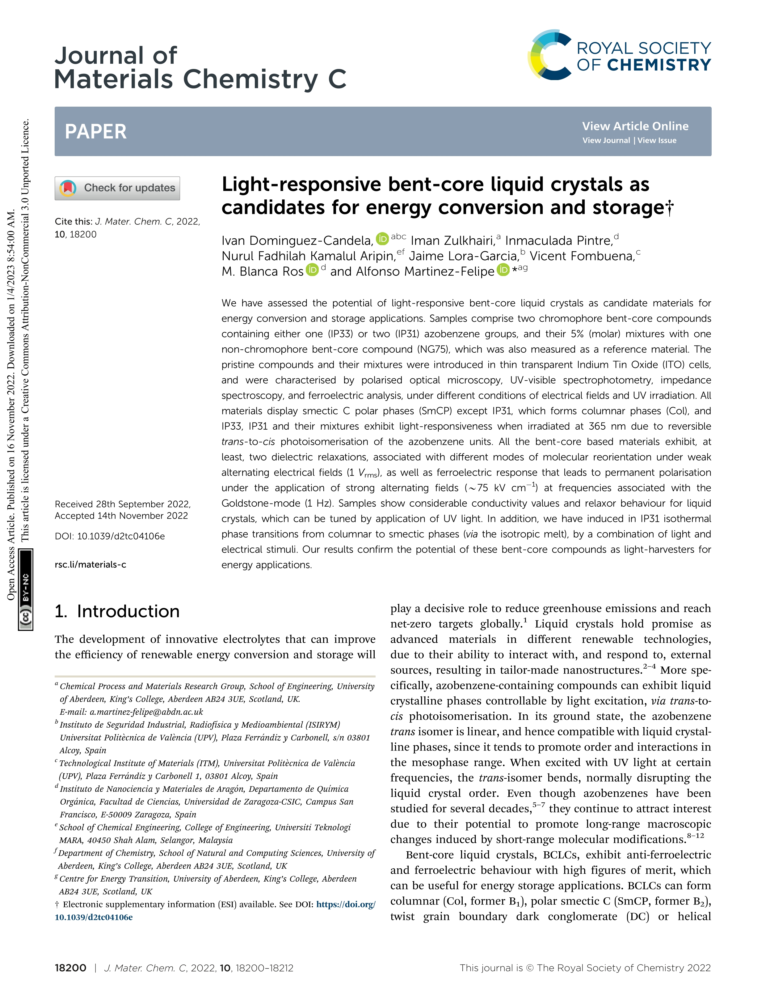 Light-responsive bent-core liquid crystals as candidates for energy conversion and storage