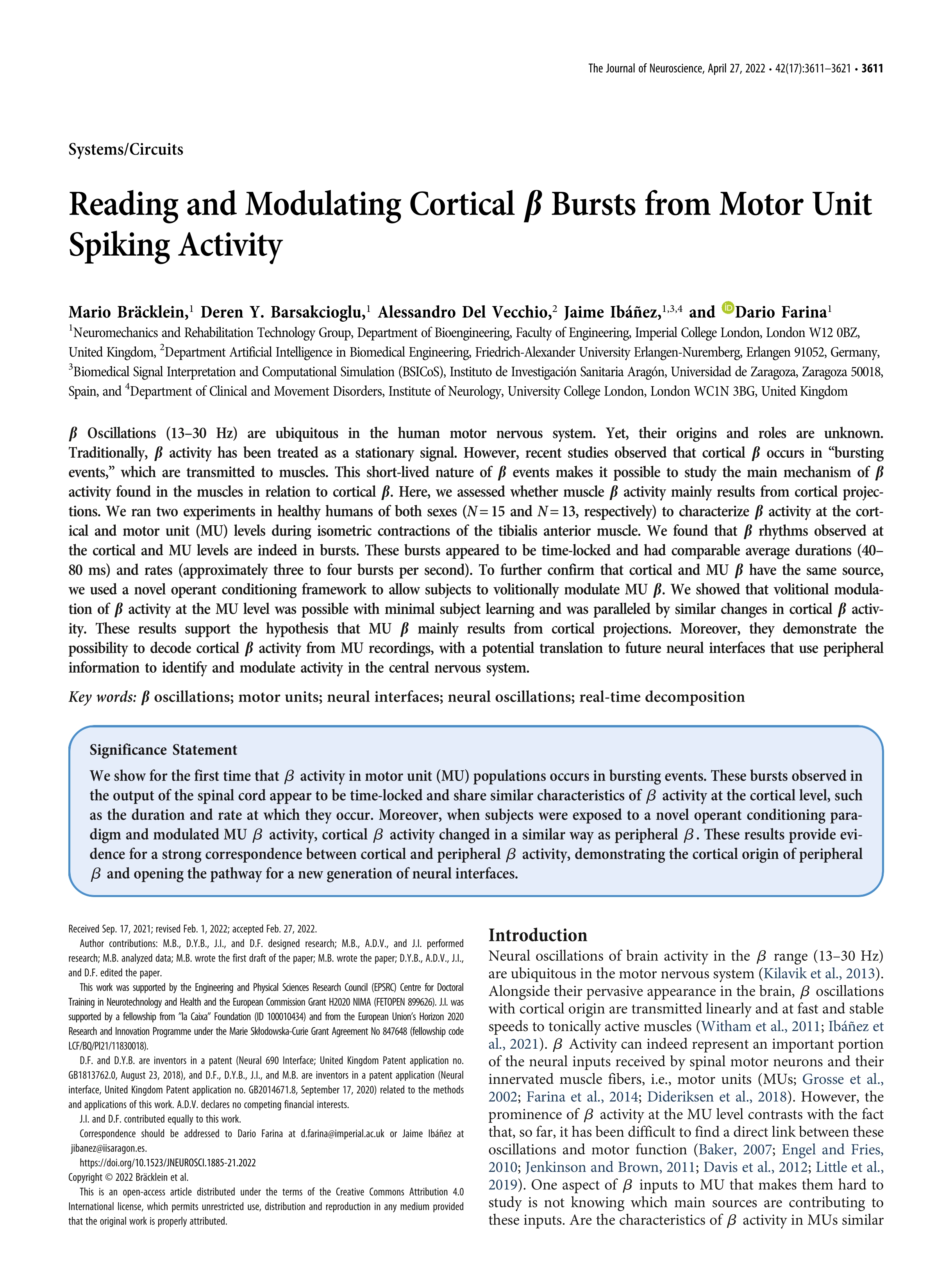 Reading and modulating Cortical ß rursts from motor unit spiking activity