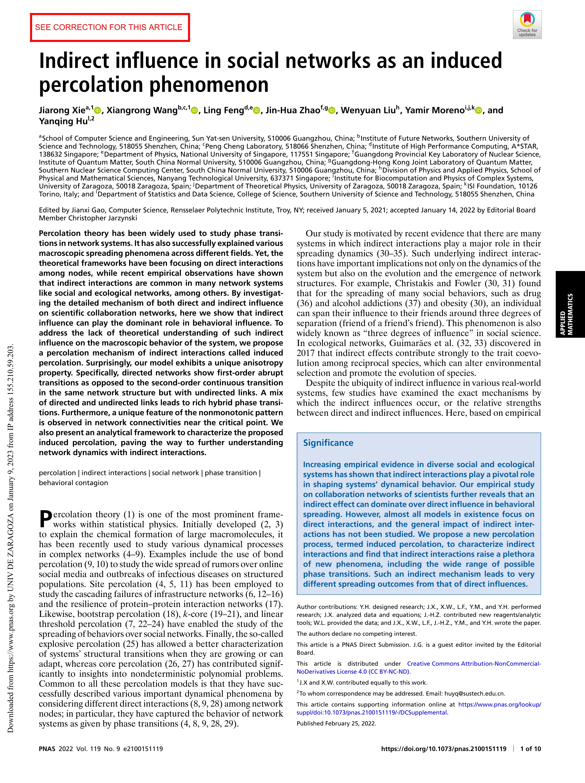Indirect influence in social networks as an induced percolation phenomenon