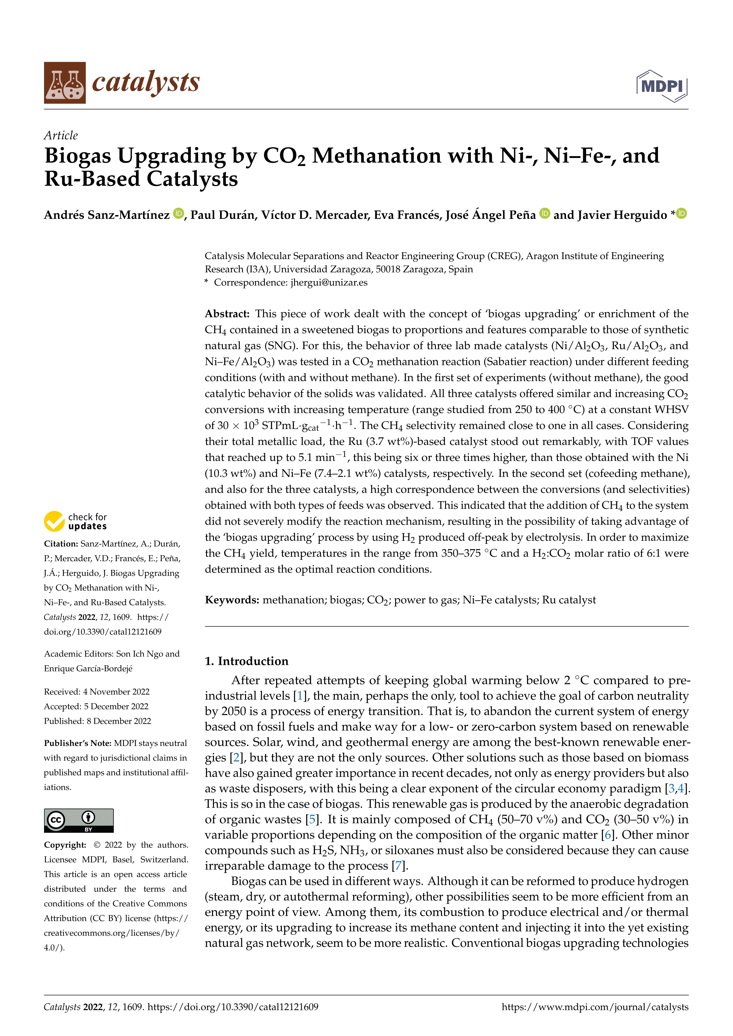 Biogas Upgrading by CO2 Methanation with Ni-, Ni–Fe-, and Ru-Based Catalysts