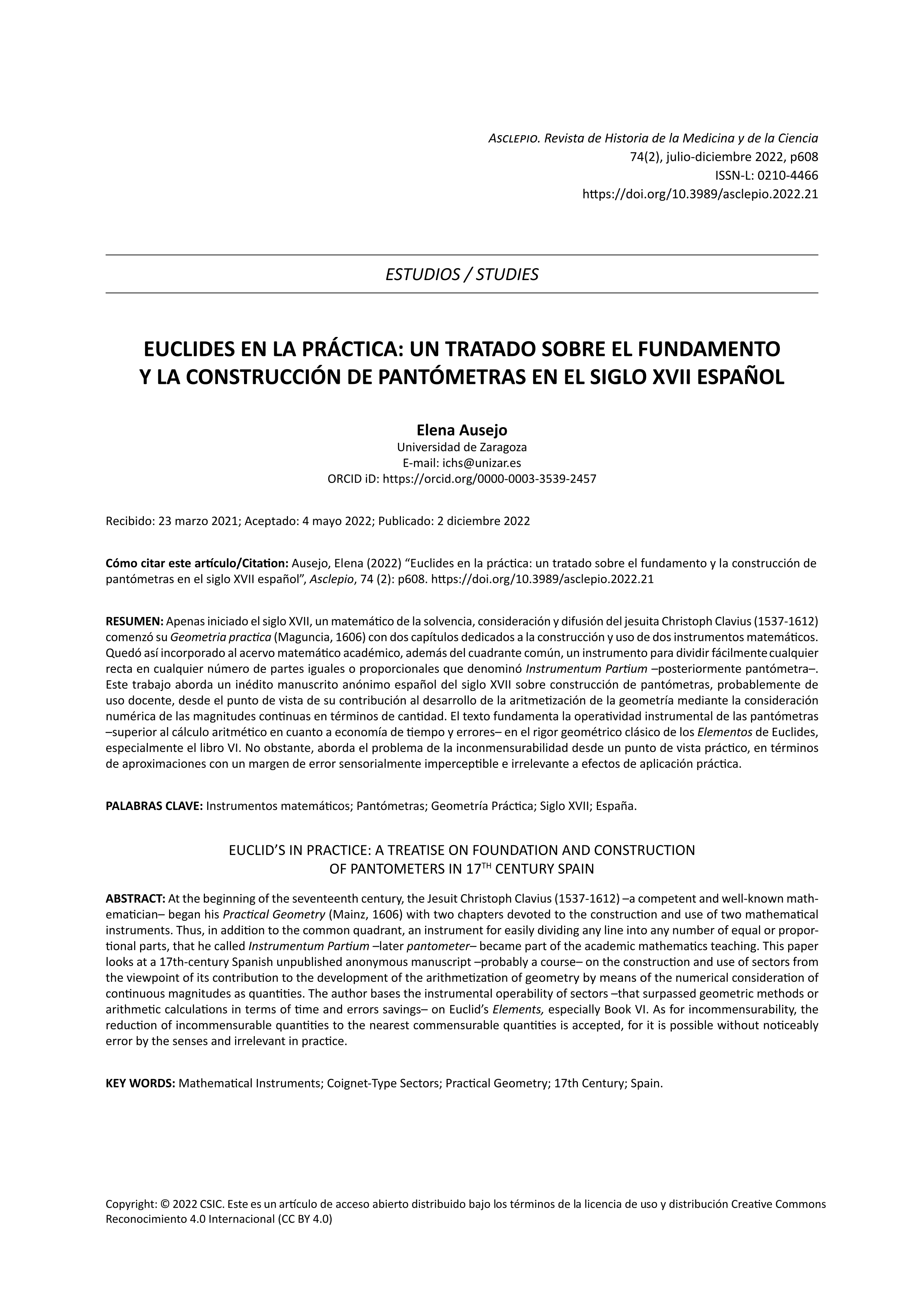 Euclides en la práctica: un tratado sobre el fundamento y la construcción de pantómetras en el siglo XVII español