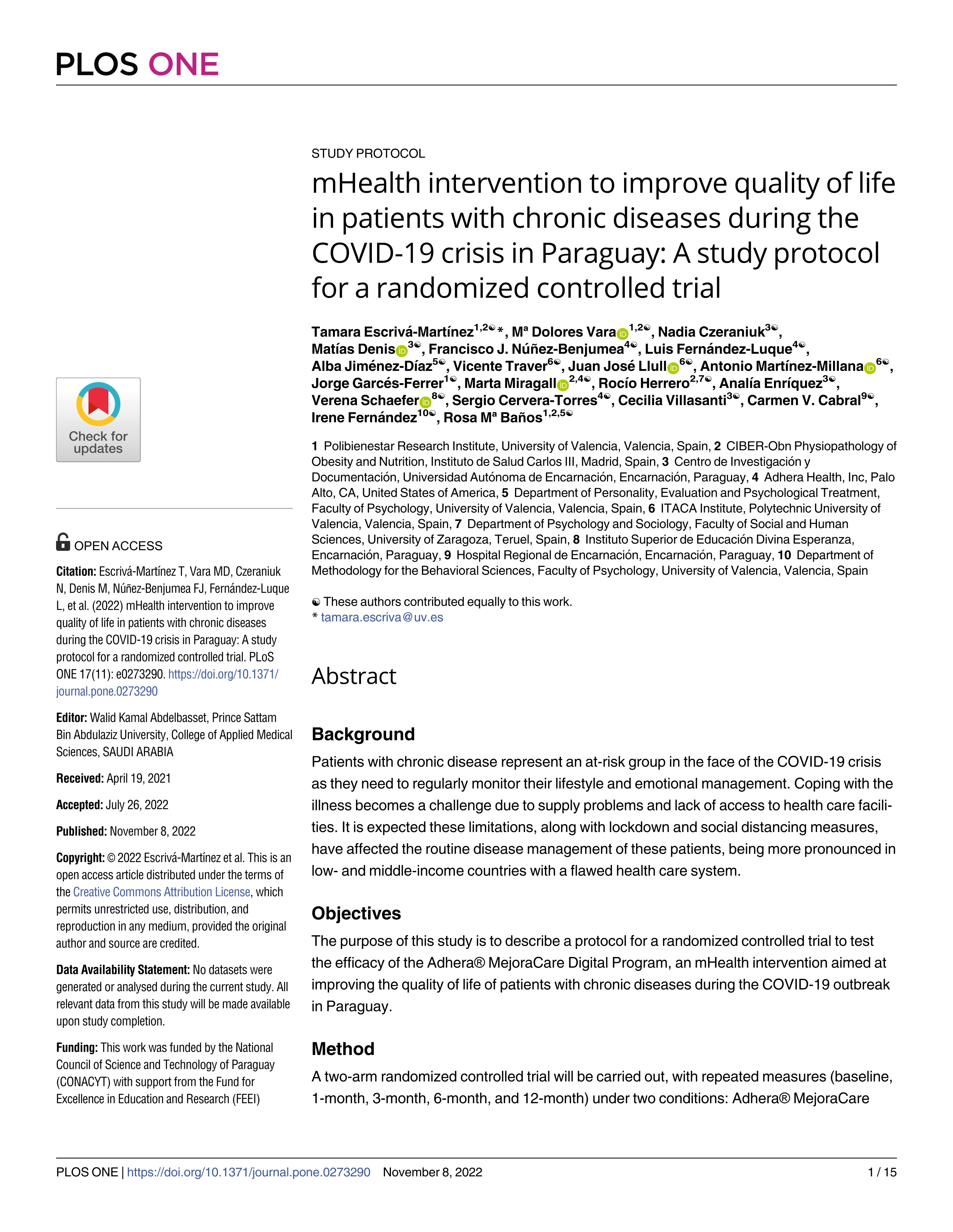 mHealth intervention to improve quality of life in patients with chronic diseases during the COVID-19 crisis in Paraguay: A study protocol for a randomized controlled trial