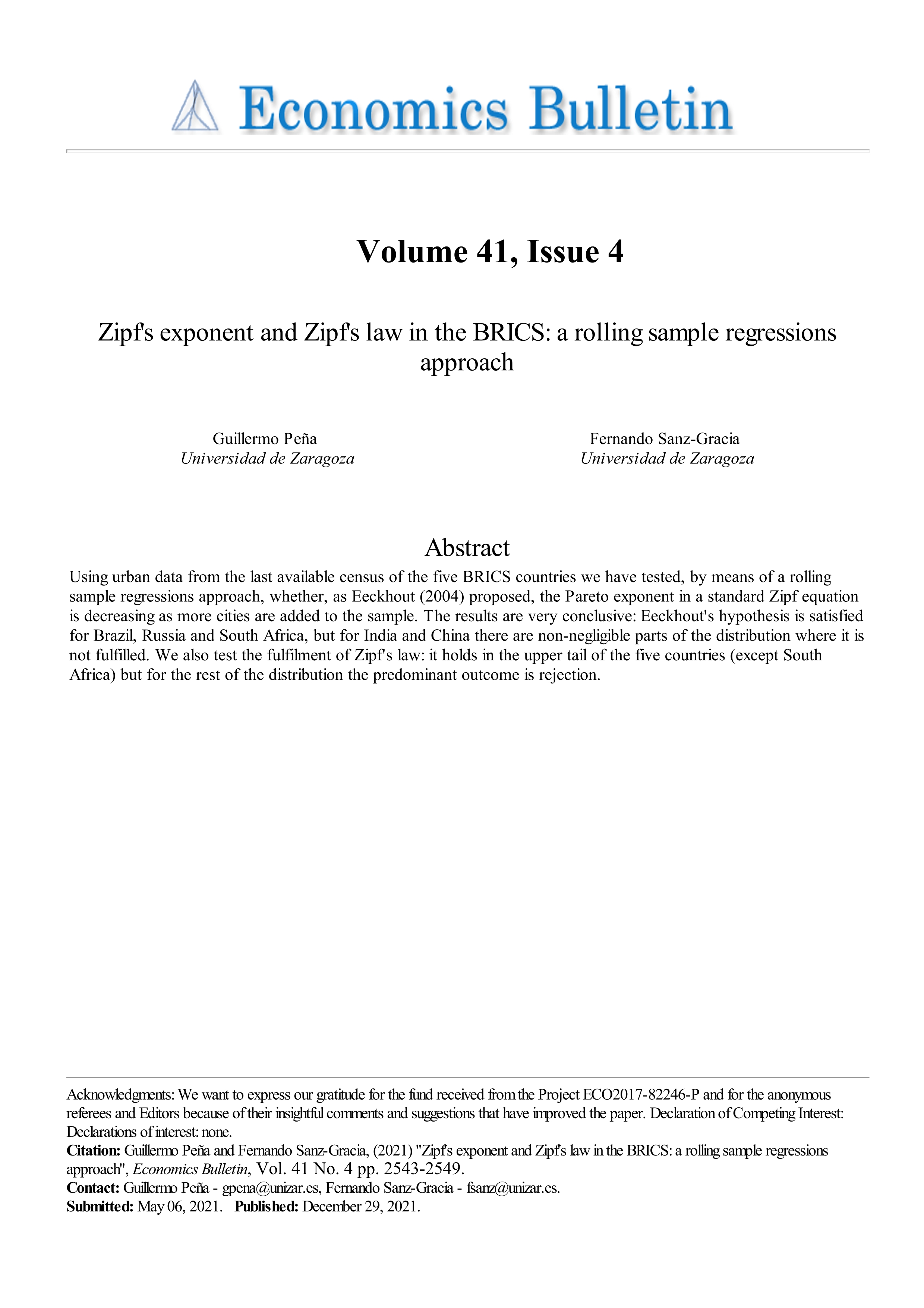 Zipf’s exponent and Zipf’s law in the BRICS: A rolling sample regressions approach