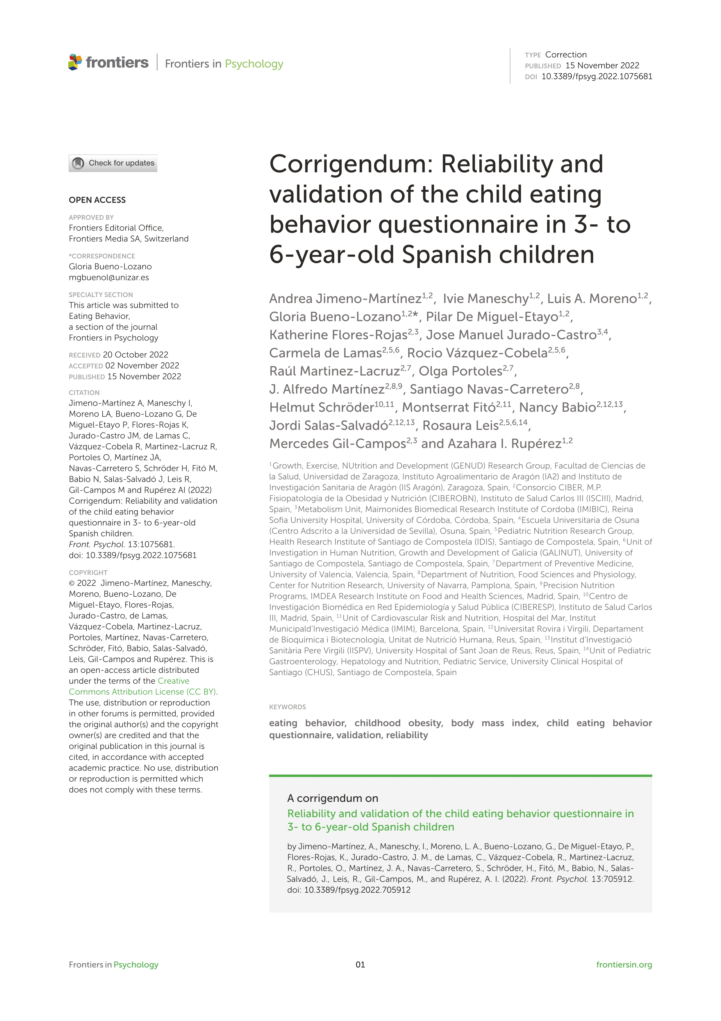 Corrigendum: Reliability and validation of the child eating behavior questionnaire in 3- to 6-year-old Spanish children