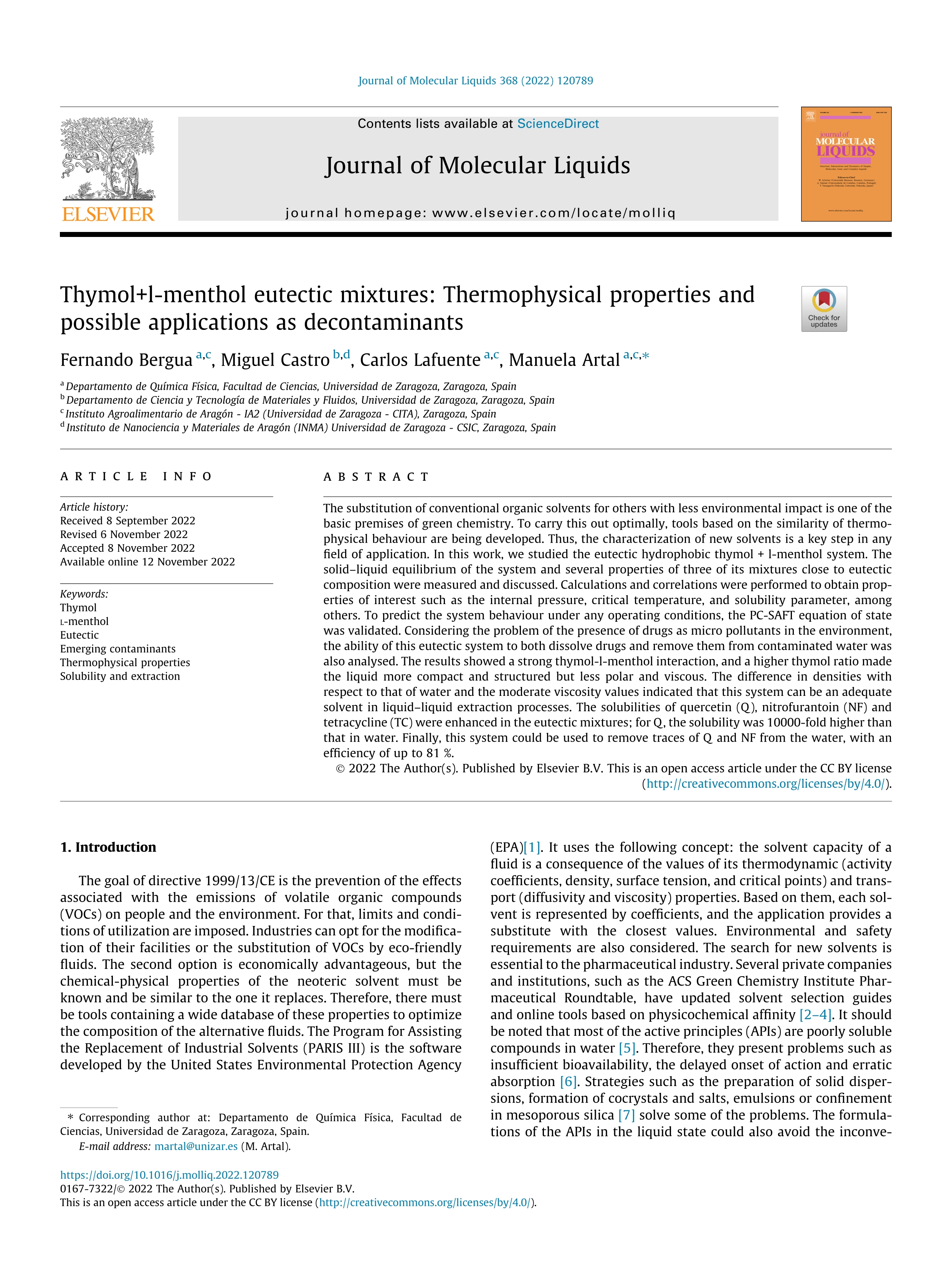 Thymol+l-menthol eutectic mixtures: Thermophysical properties and possible applications as decontaminants