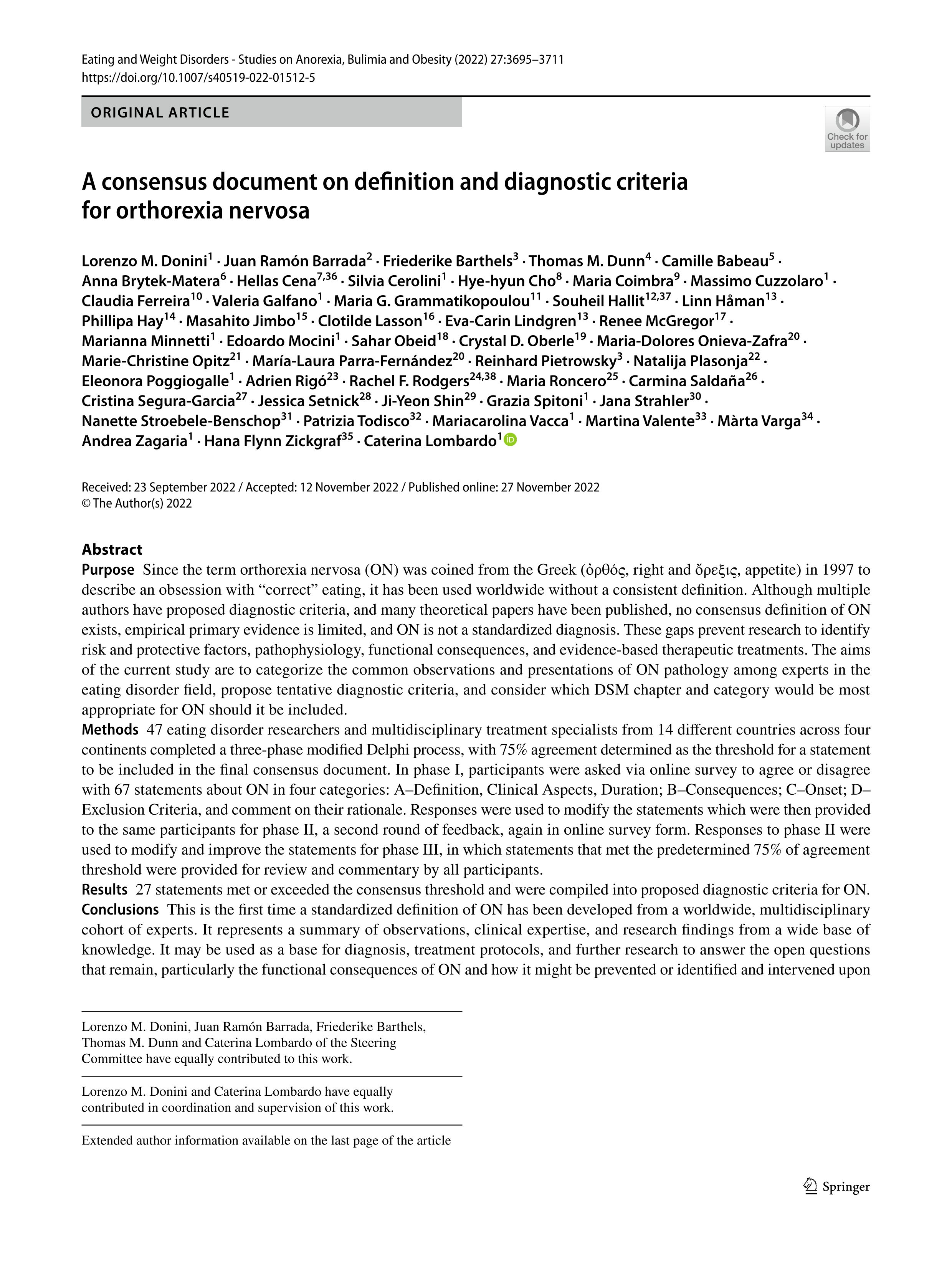 A consensus document on definition and diagnostic criteria for orthorexia nervosa