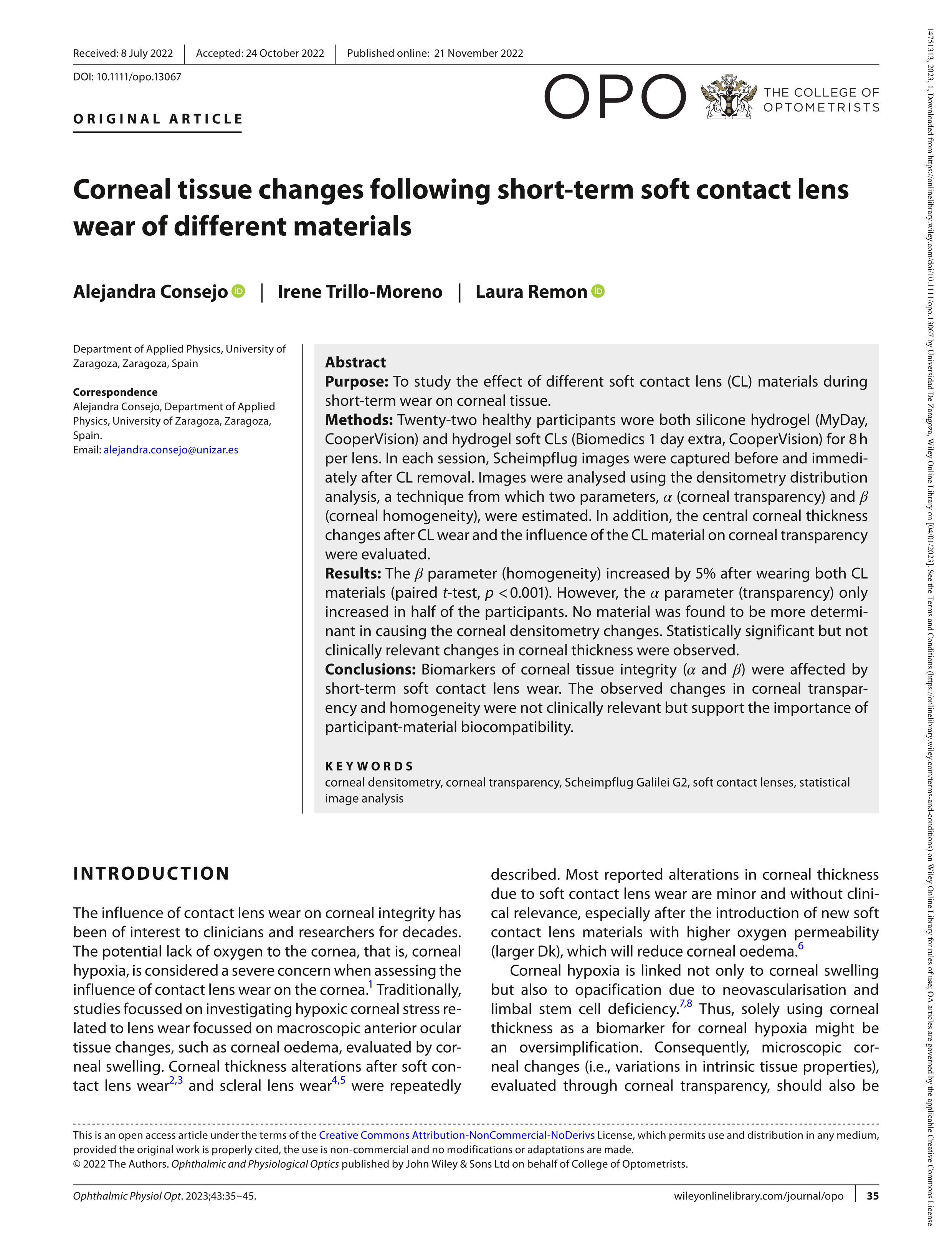 Corneal tissue changes following short-term soft contact lens wear of different materials