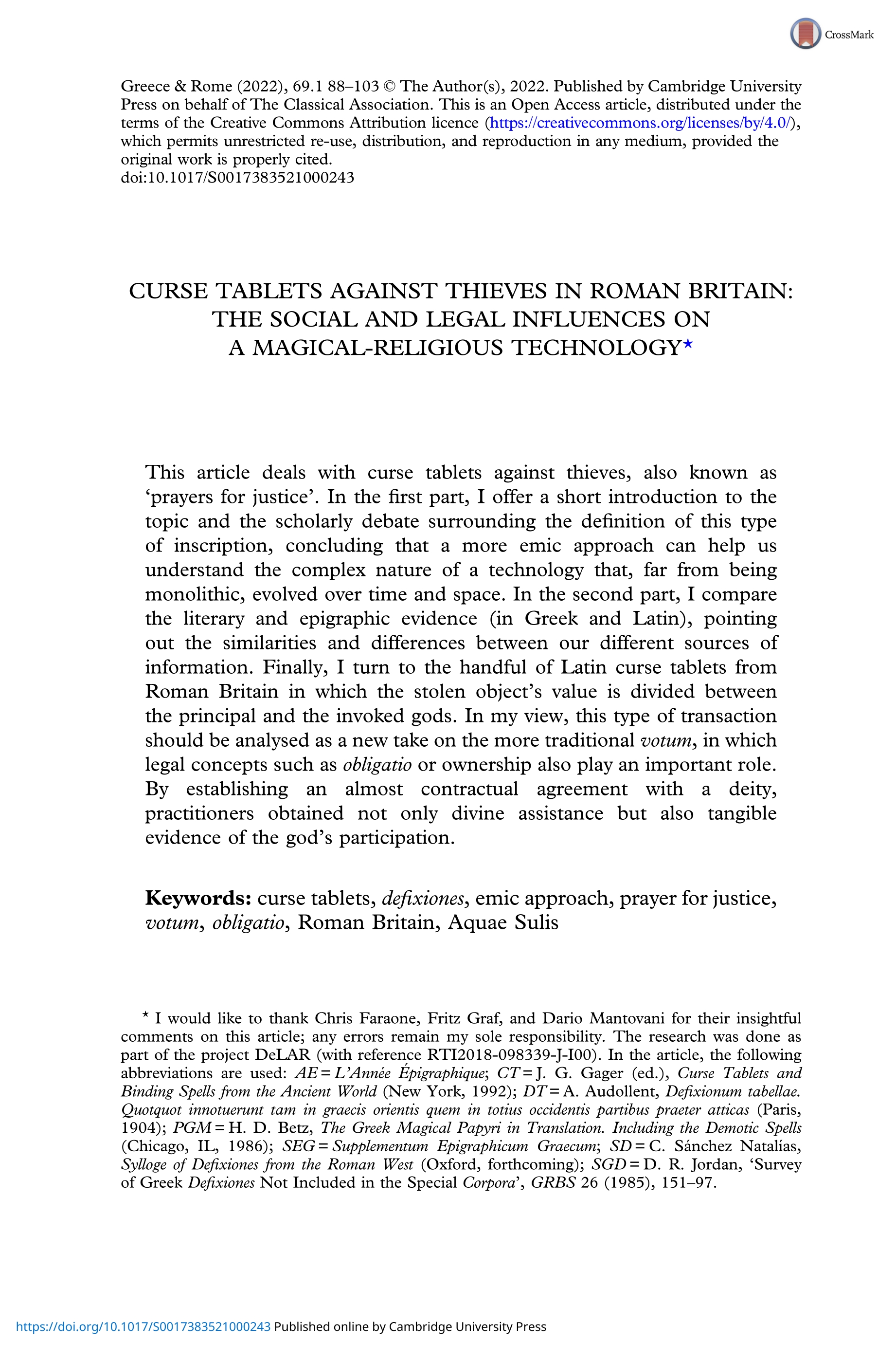Curse tablets against thieves in roman britain: the social and legal influences on a magical-religious technology