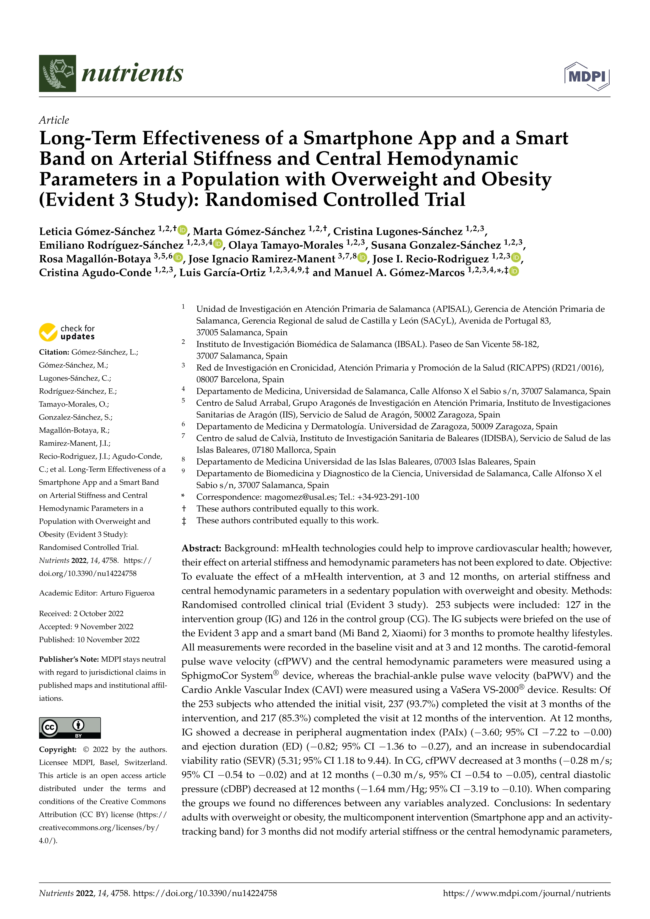 Long-Term Effectiveness of a Smartphone App and a Smart Band on Arterial Stiffness and Central Hemodynamic Parameters in a Population with Overweight and Obesity (Evident 3 Study): Randomised Controlled Trial