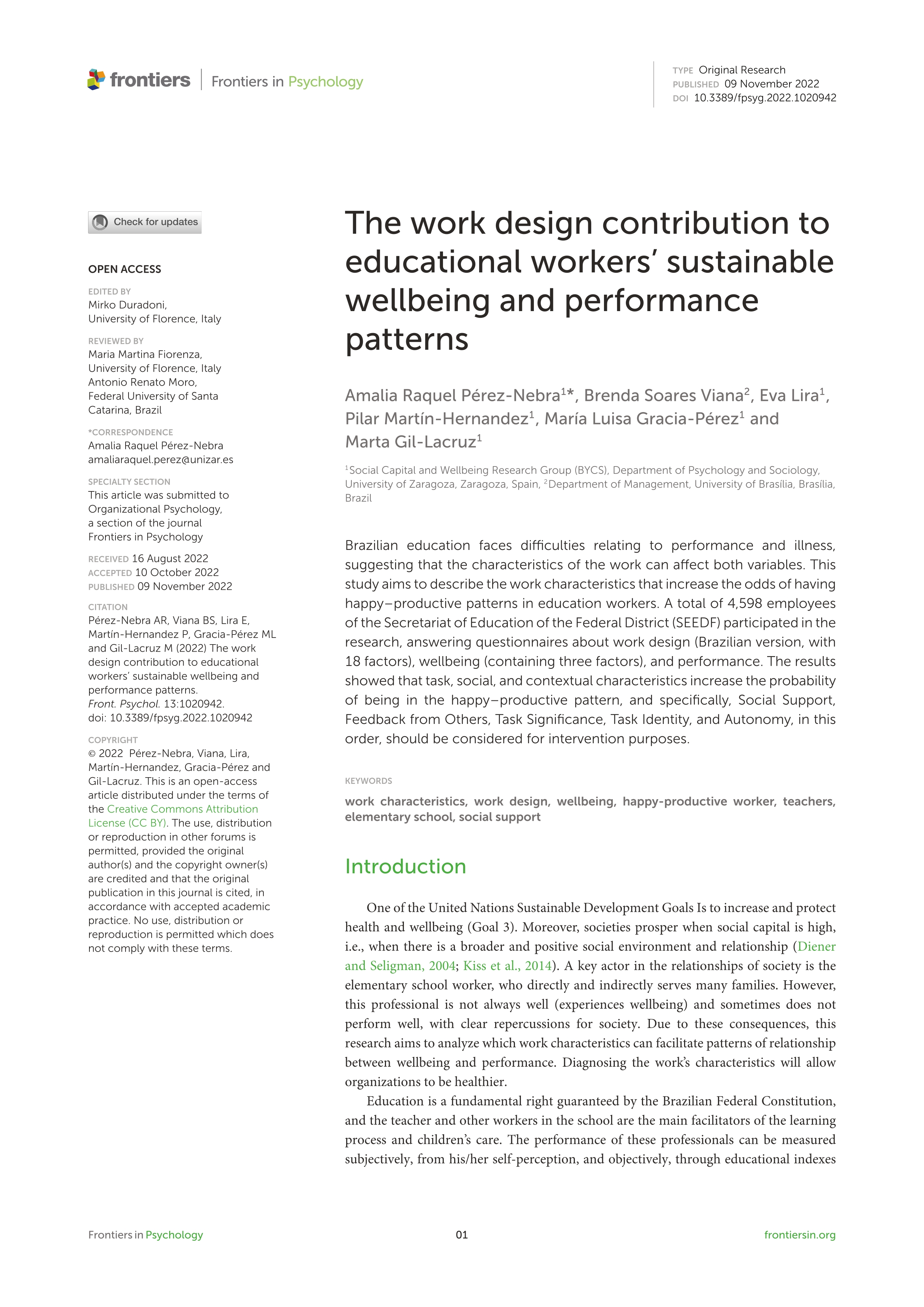 The work design contribution to educational workers' sustainable wellbeing and performance patterns