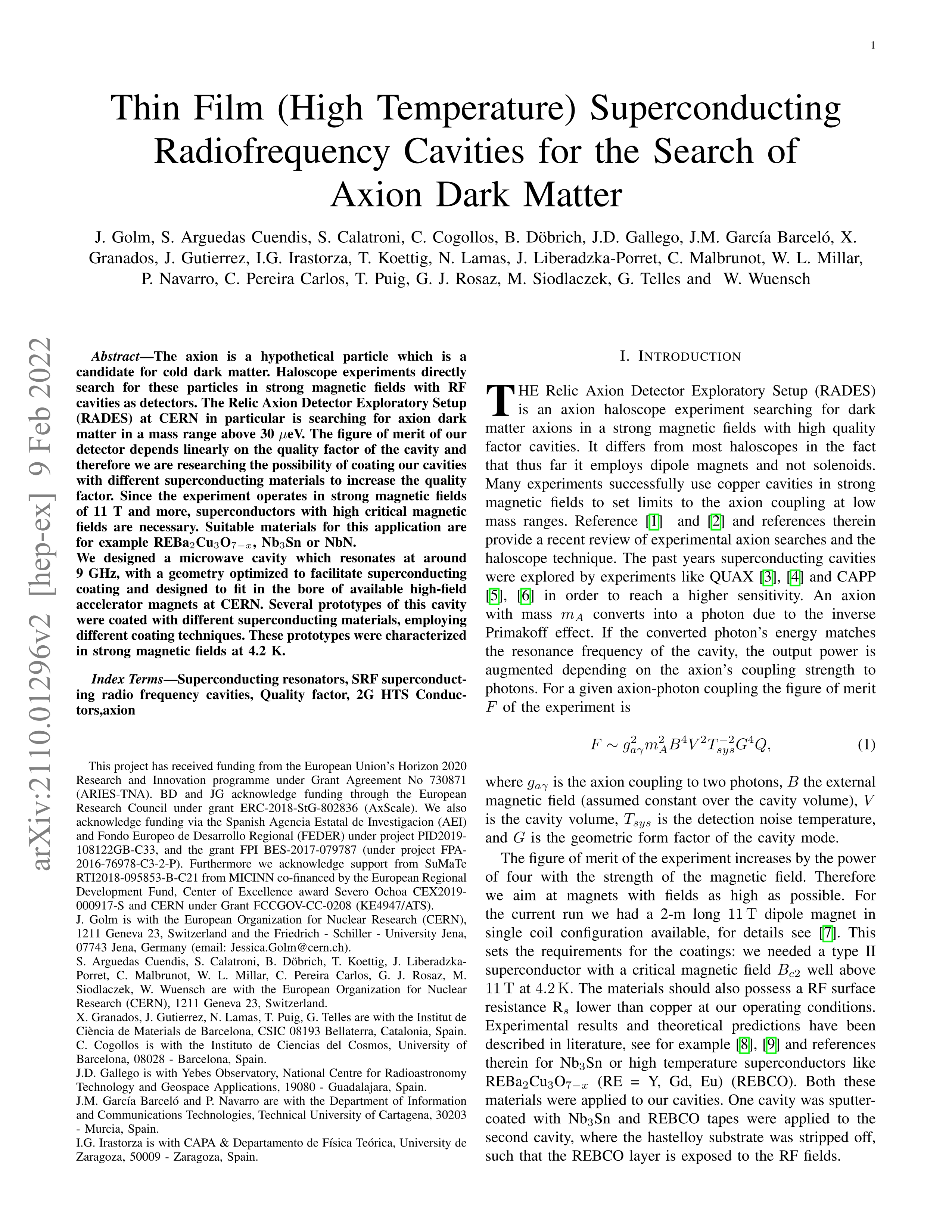 Thin film (high temperature) superconducting radiofrequency cavities for the search of axion dark matter