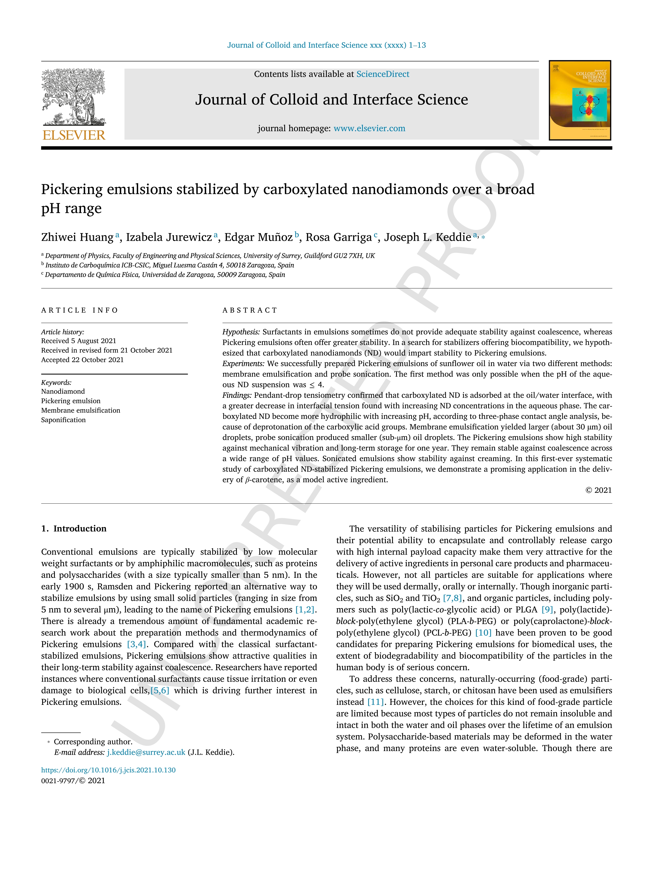 Pickering emulsions stabilized by carboxylated nanodiamonds over a broad pH range