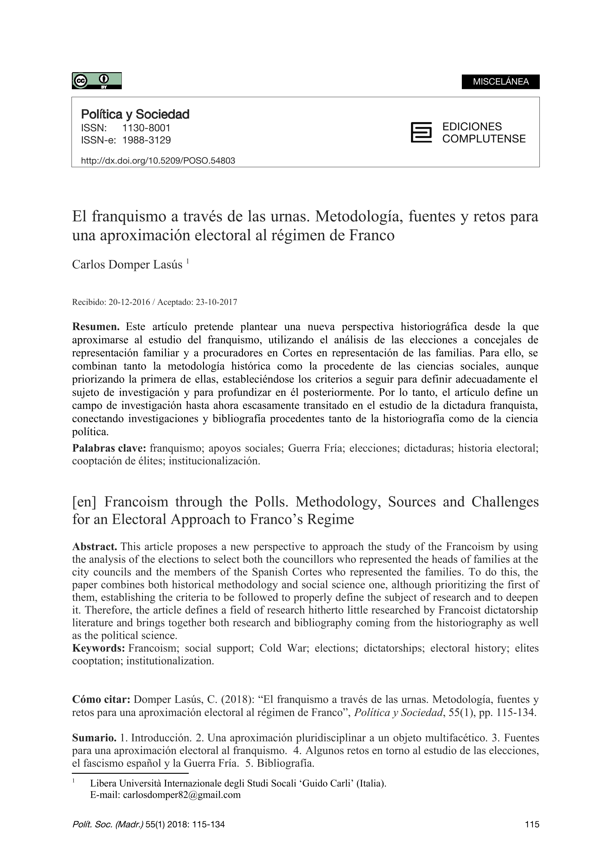 El franquismo a través de las urnas. Metodología, fuentes y retos para una aproximación electoral al régimen de Franco