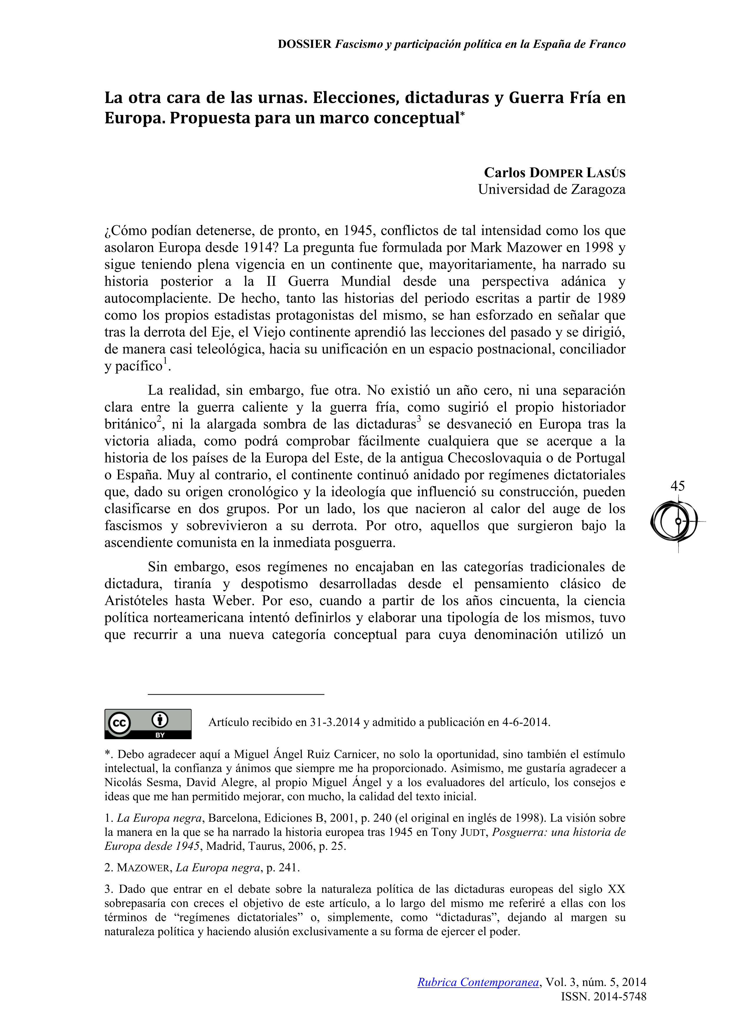 La  otra  cara  de  las  urnas. Elecciones, dictaduras y Guerra  Fría en Europa. Propuesta para un marco conceptual