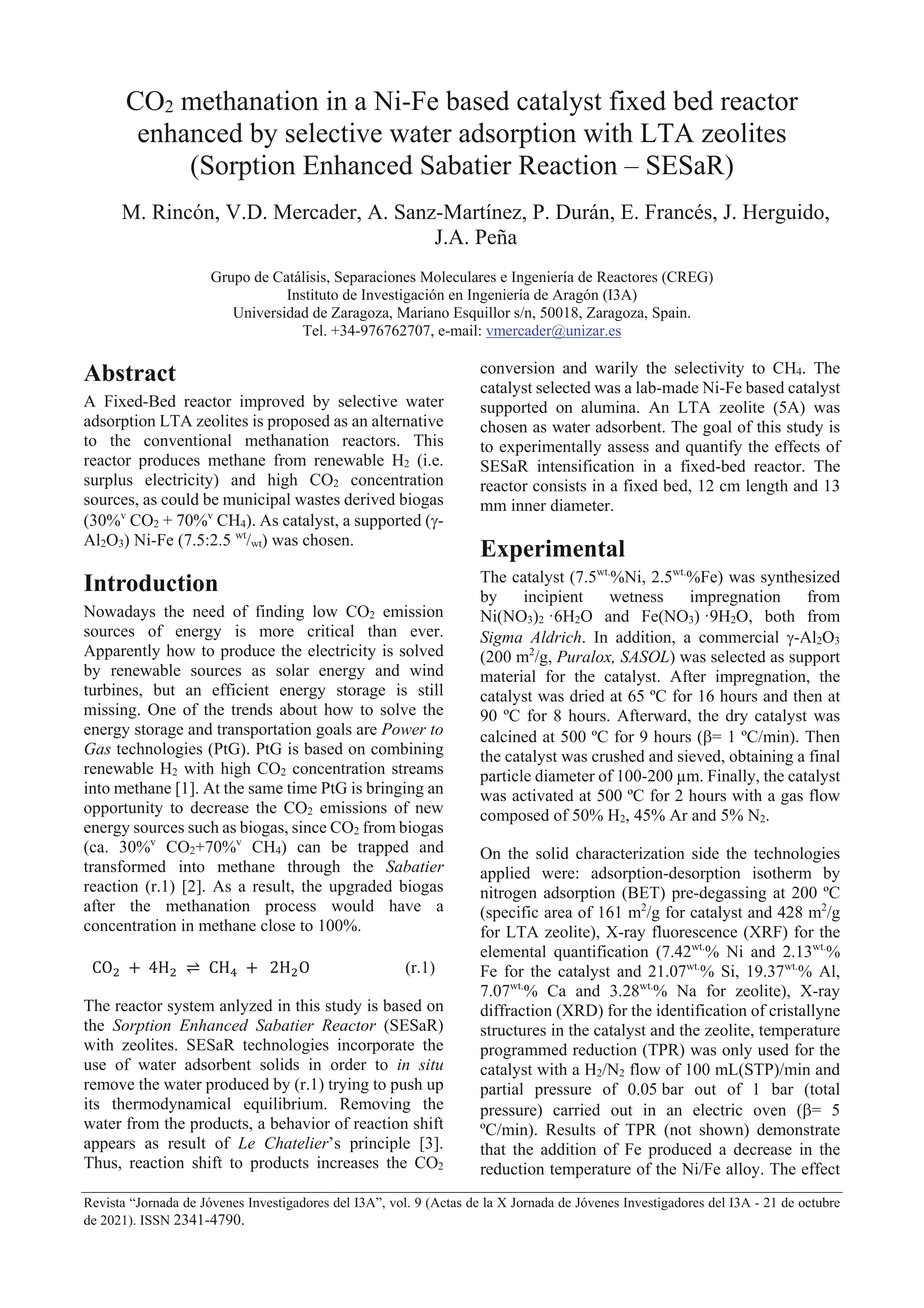 Co2 methanation in a ni-fe based catalyst fixed bed reactor enhanced by selective water adsorption with lta zeolites (sorption enhanced sabatier reaction – sesar)