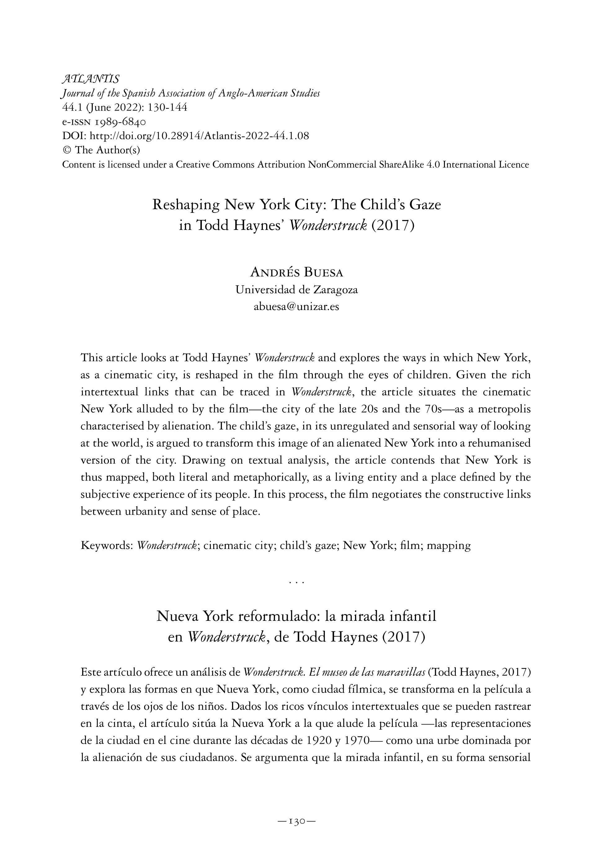 Reshaping New York City: The Child Gaze in Todd Haynes’ Wonderstruck (2017)