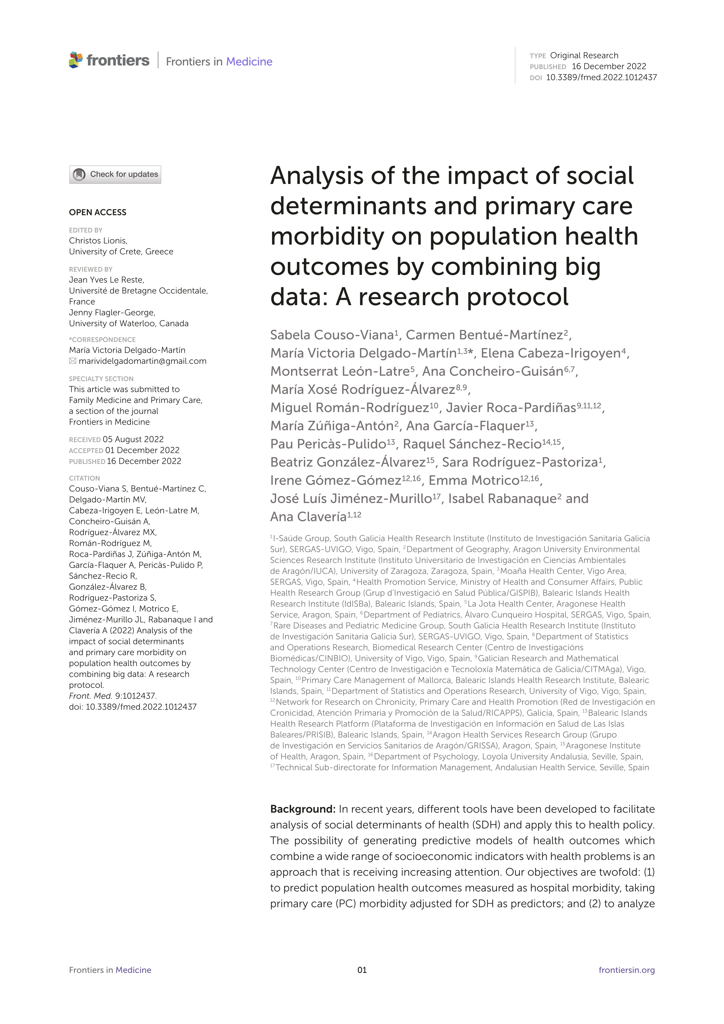 Analysis of the impact of social determinants and primary care morbidity on population health outcomes by combining big data: A research protocol