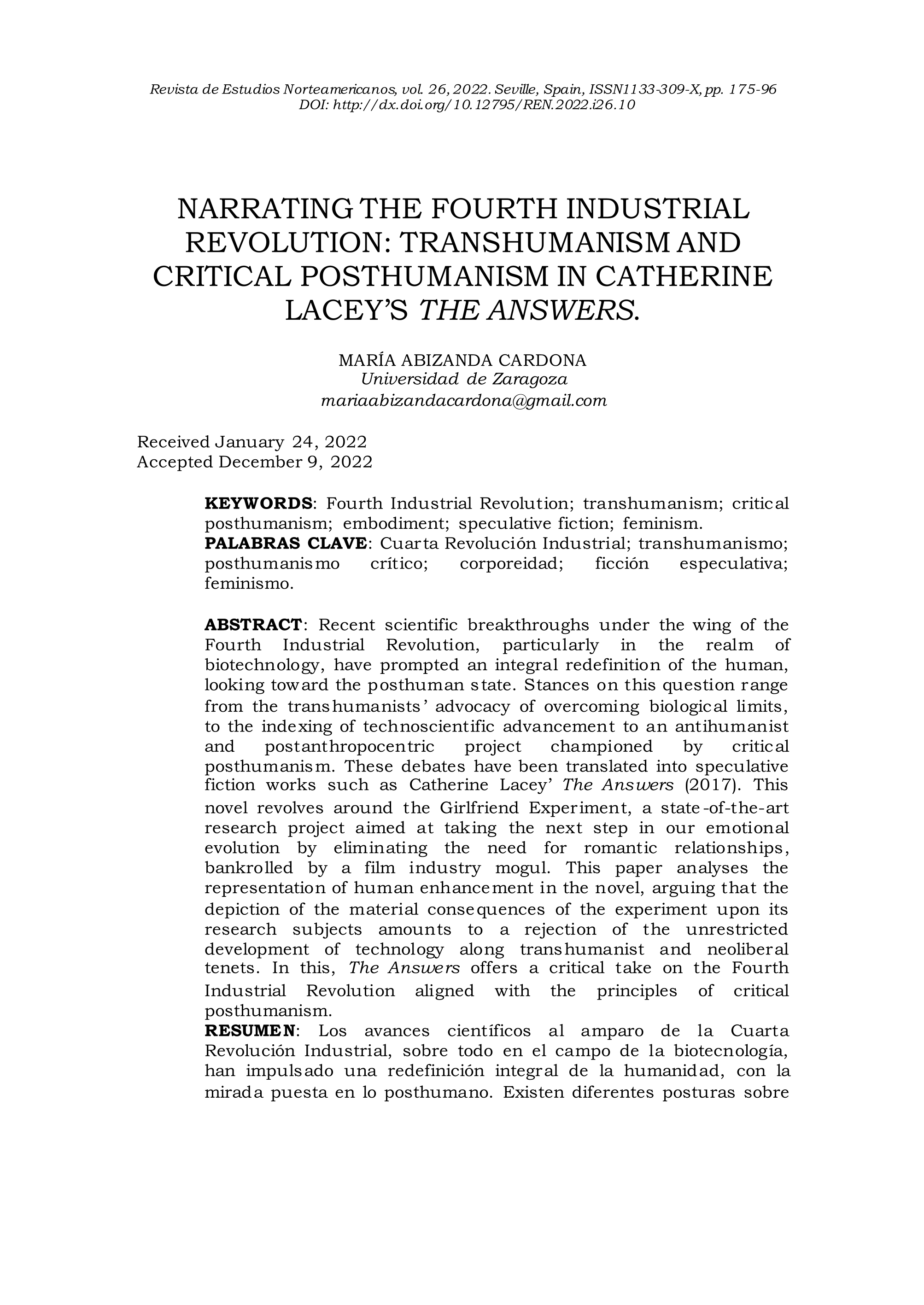 Narrating the Fourth Industrial Revolution: Transhumanism and Critical Posthumanism in Catherine Lacey’s The Answers.