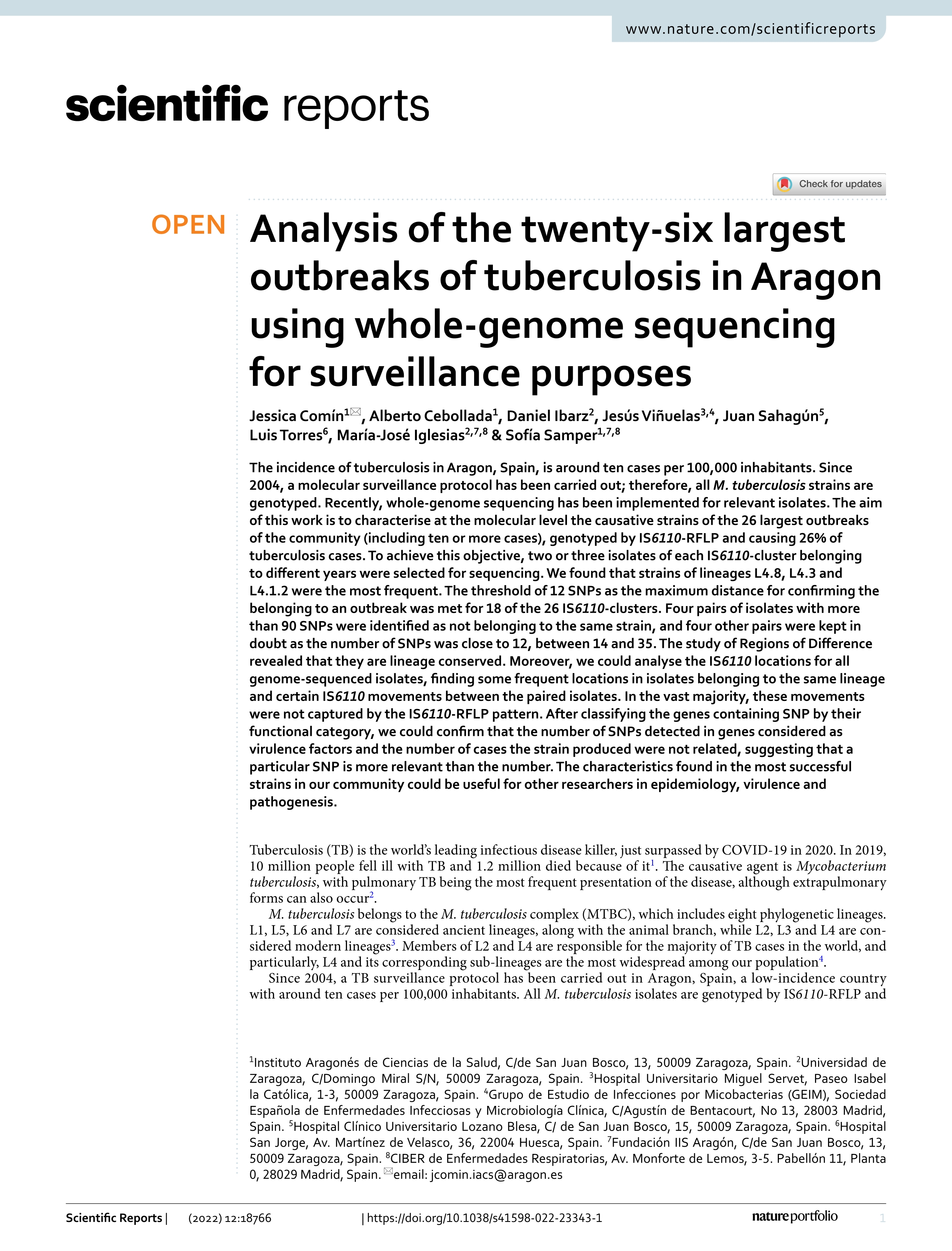Analysis of the twenty-six largest outbreaks of tuberculosis in Aragon using whole-genome sequencing for surveillance purposes
