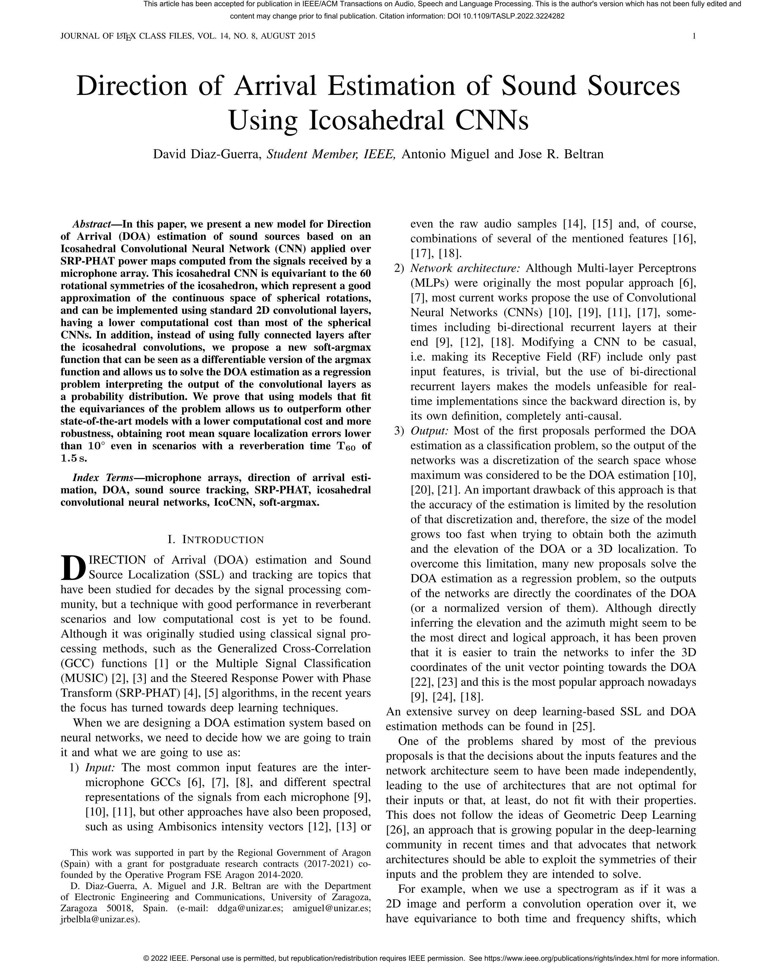 Direction of arrival estimation of sound sources using icosahedral CNNs