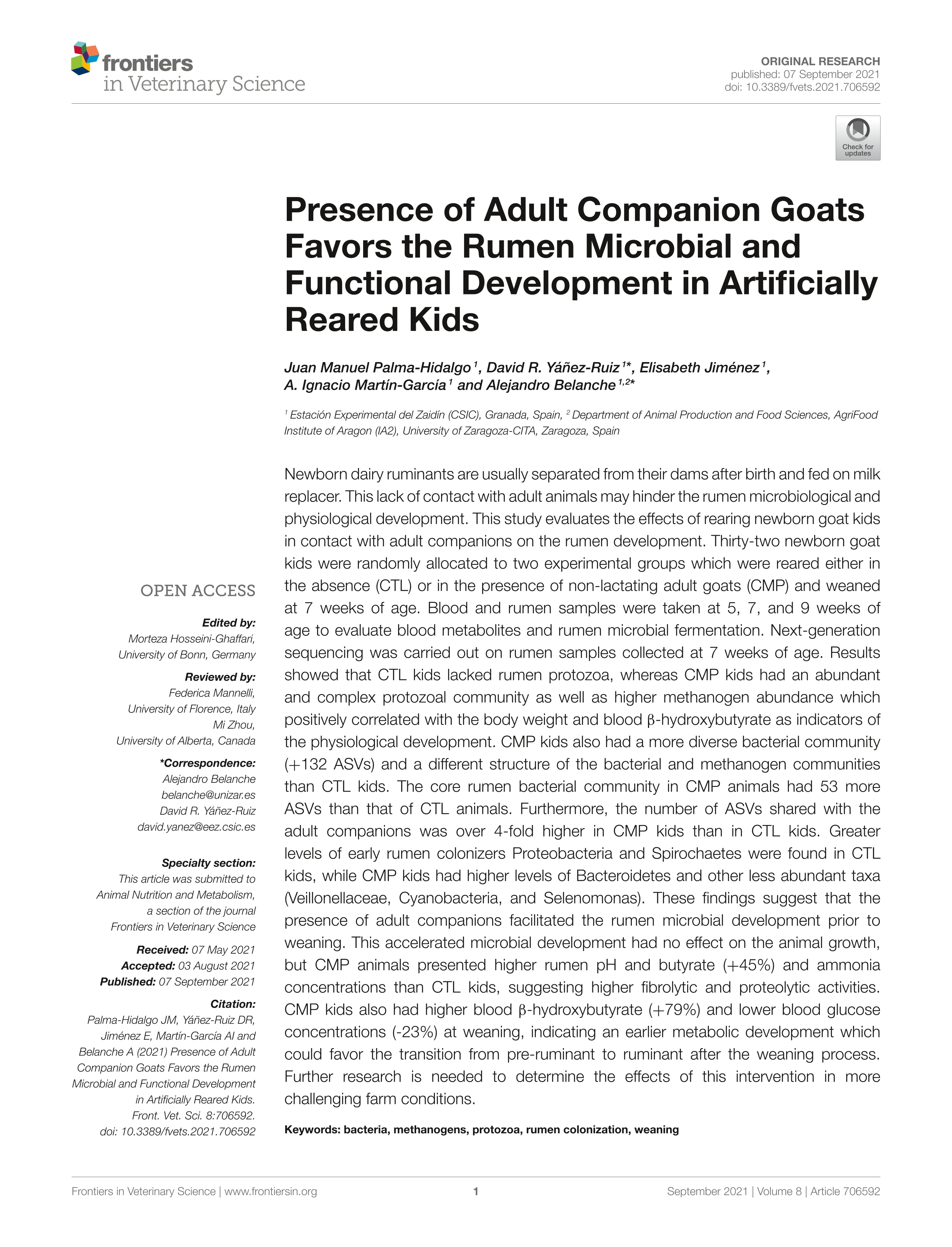 Presence of Adult Companion Goats Favors the Rumen Microbial and Functional Development in Artificially Reared Kids