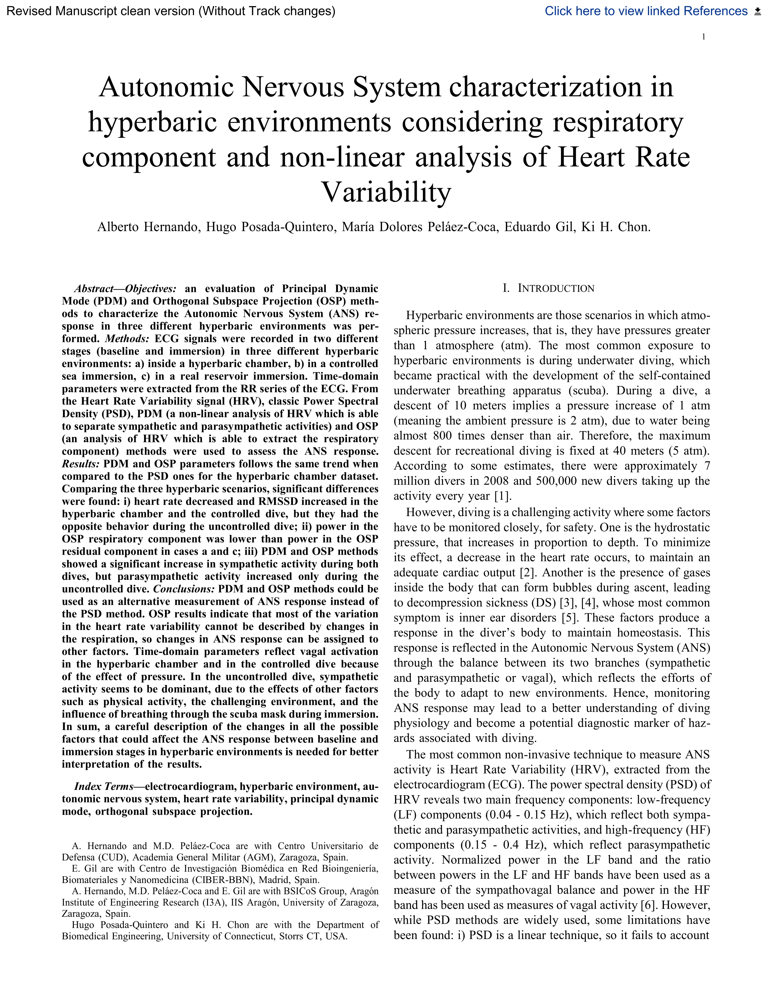 Autonomic Nervous System characterization in hyperbaric environments considering respiratory component and non-linear analysis of Heart Rate Variability