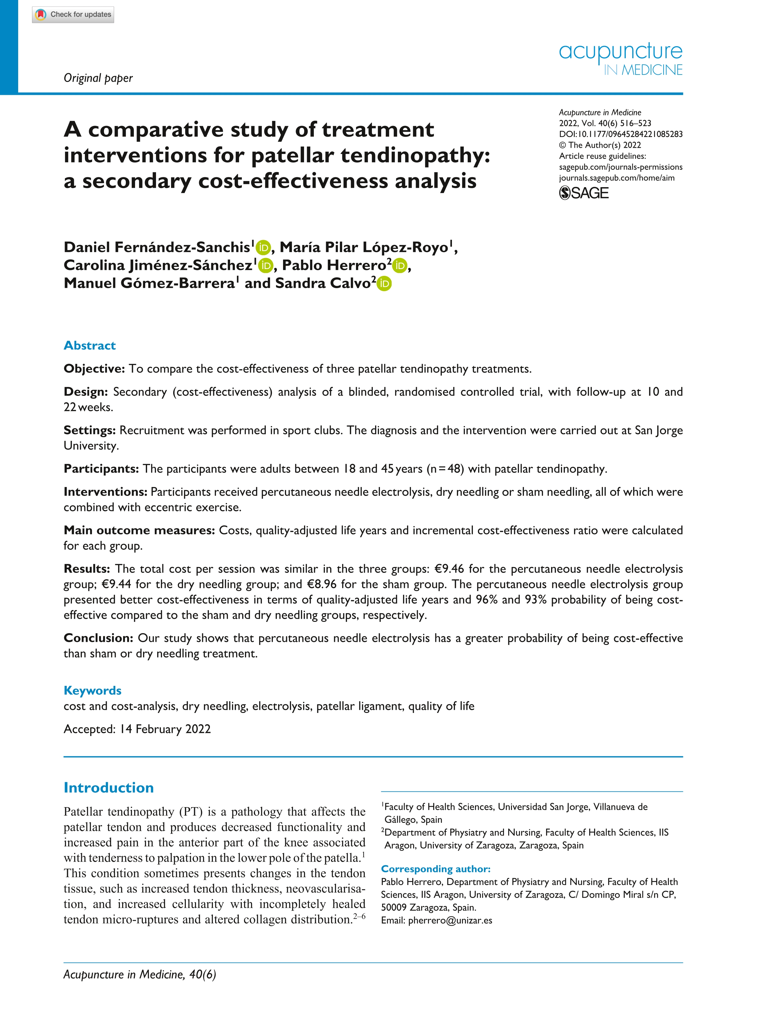 A comparative study of treatment interventions for patellar tendinopathy: a secondary cost-effectiveness analysis