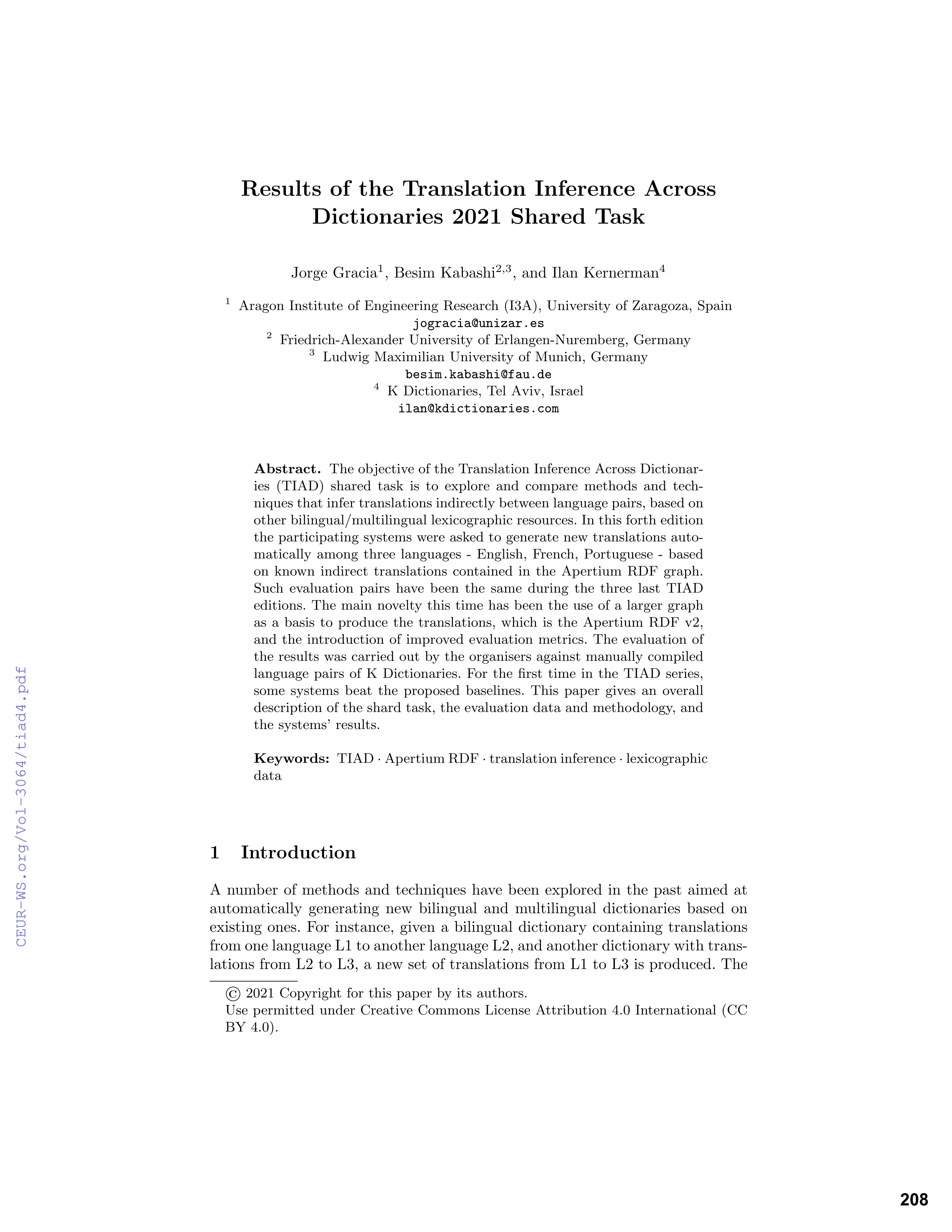 Results of the Translation Inference Across Dictionaries 2021 Shared Task