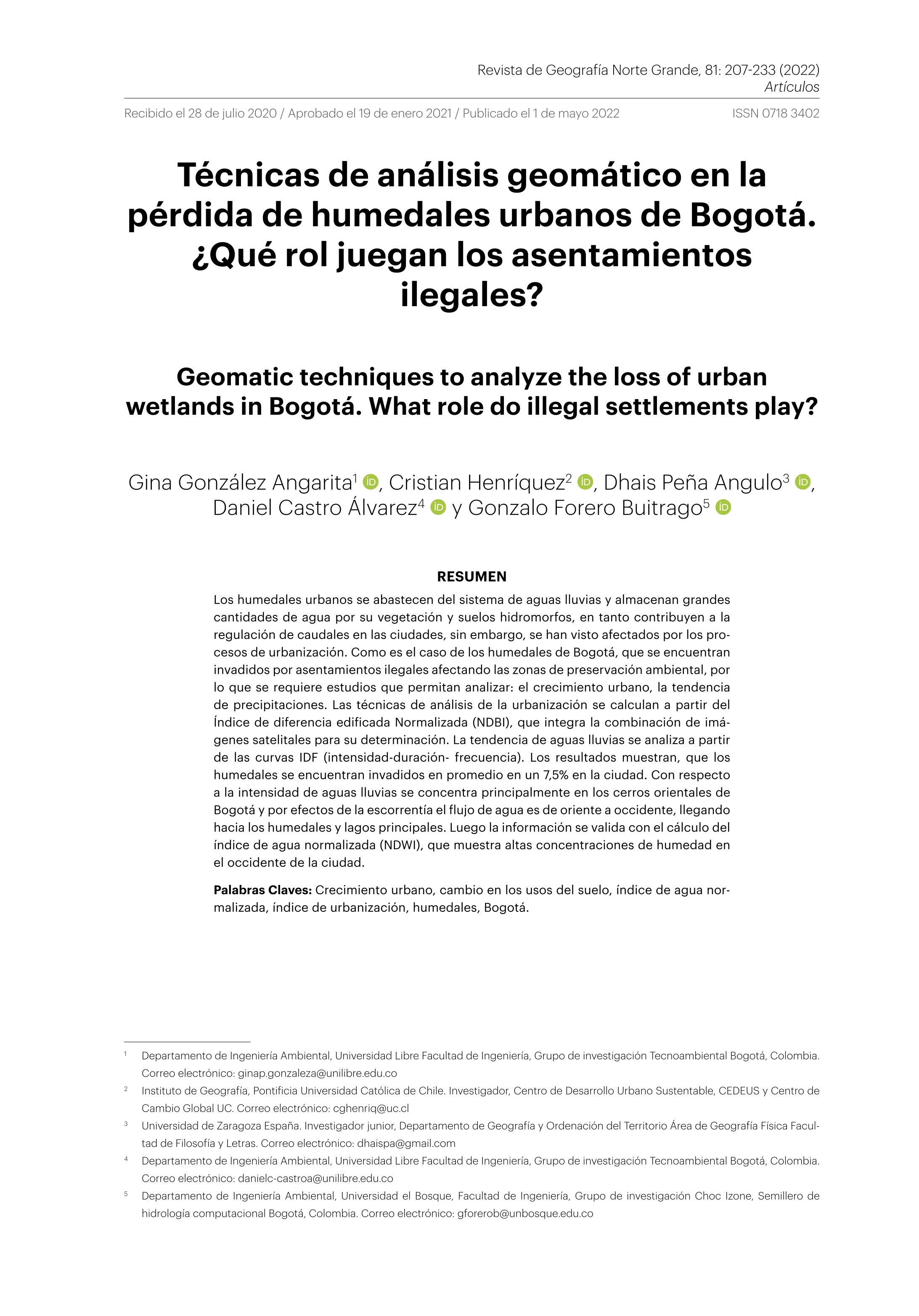 Técnicas de análisis geomático en la pérdida de humedales urbanos de Bogotá. ¿Qué rol juegan los asentamientos ilegales?