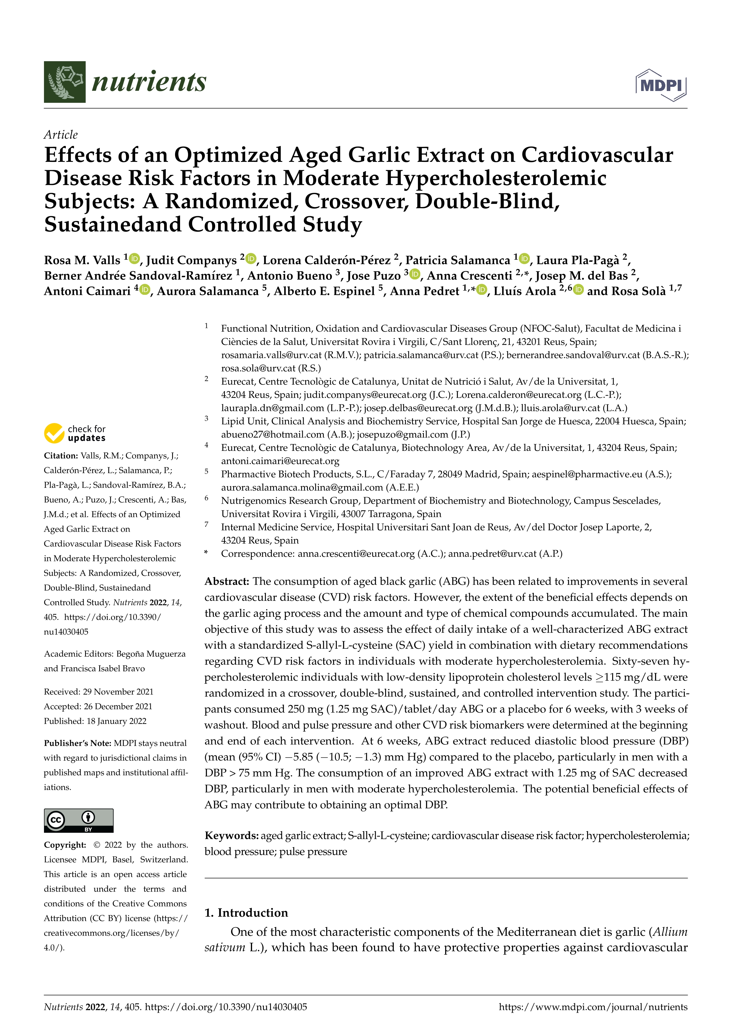 Effects of an Optimized Aged Garlic Extract on Cardiovascular Disease Risk Factors in Moderate Hypercholesterolemic Subjects: A Randomized, Crossover, Double-Blind, Sustainedand Controlled Study