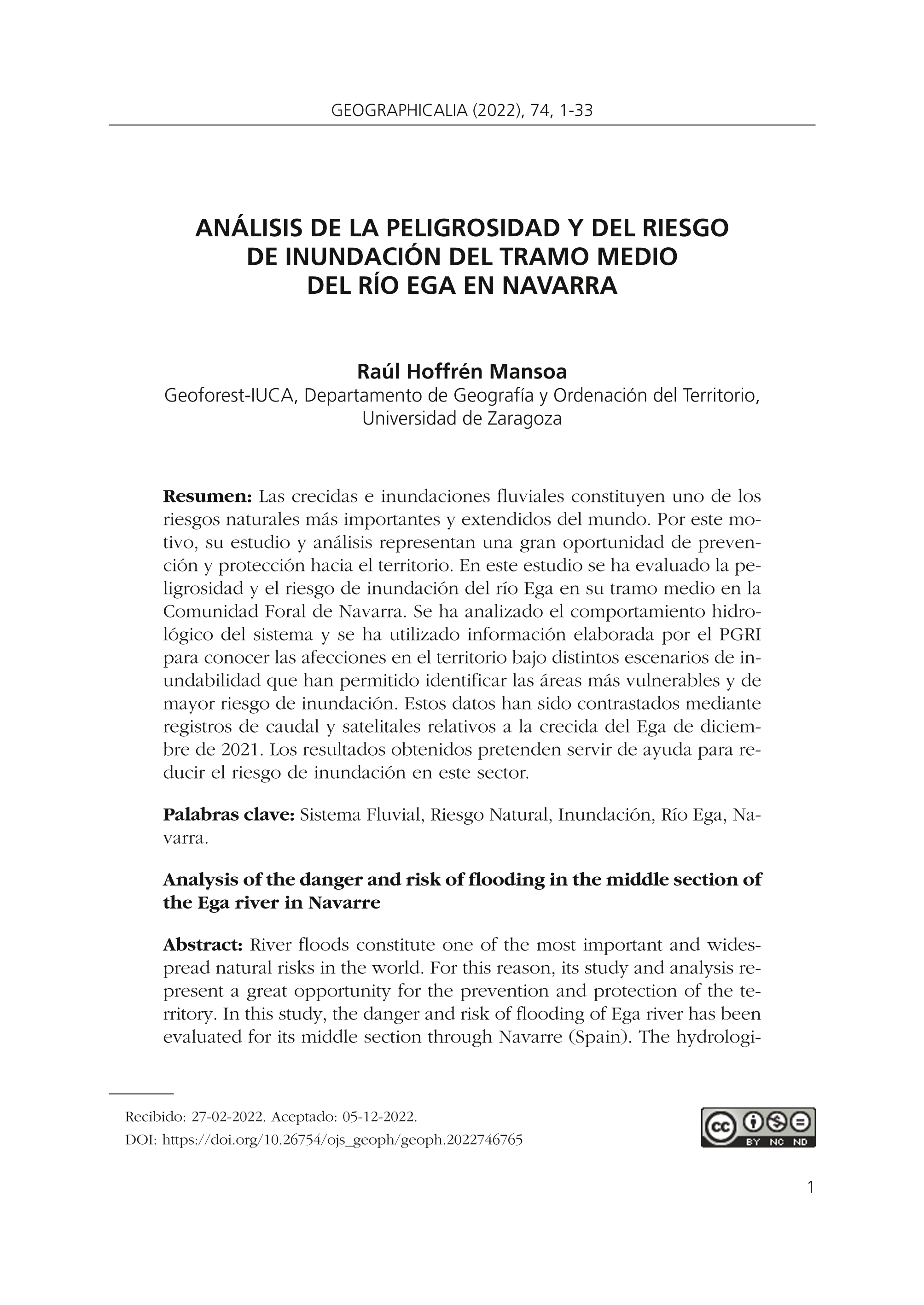 Análisis de la peligrosidad y del riesgo de inundación del tramo medio del río Ega en Navarra