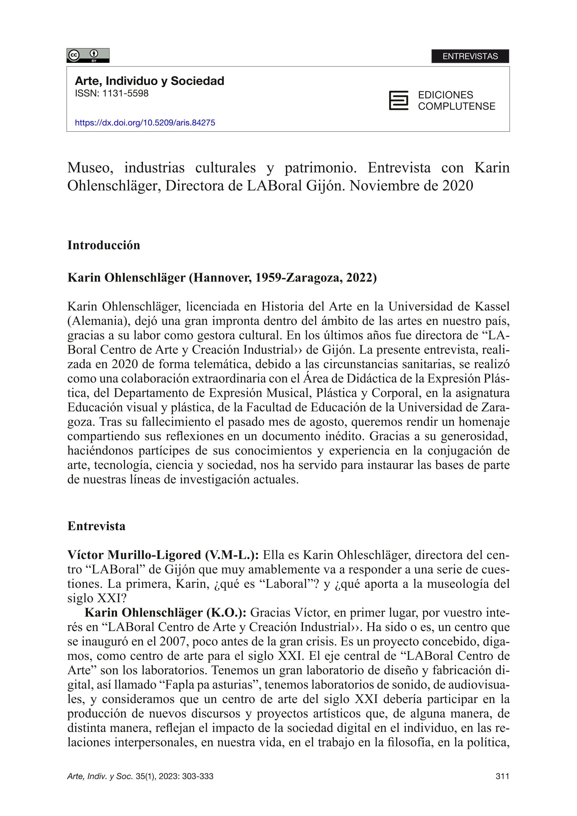 Museo, industrias culturales y patrimonio. Entrevista con Karin Ohlenschläger, directora de LABoral Gijón. Noviembre de 2020