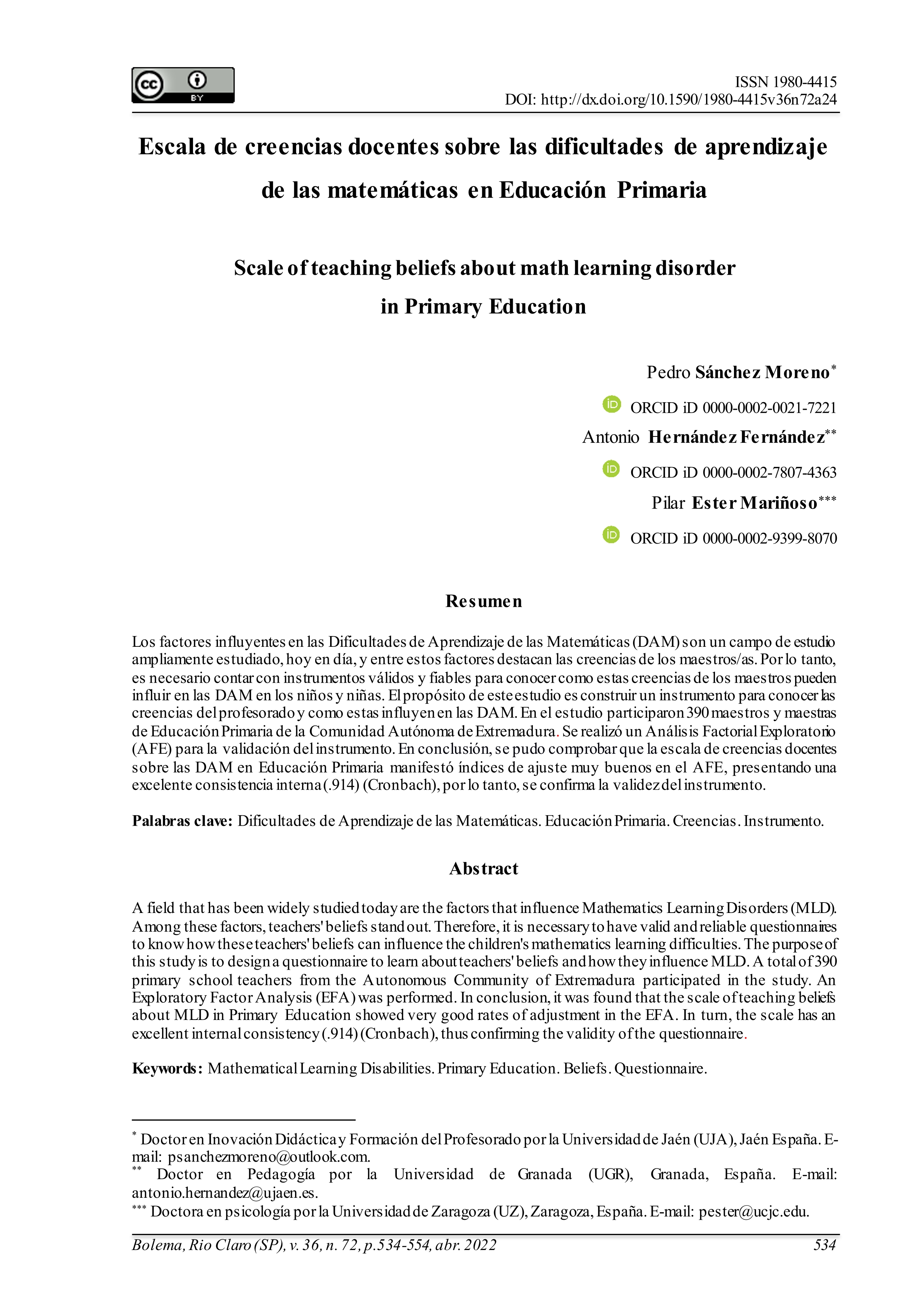 Escala de creencias docentes sobre las dificultades de aprendizaje de las matemáticas en Educación Primaria