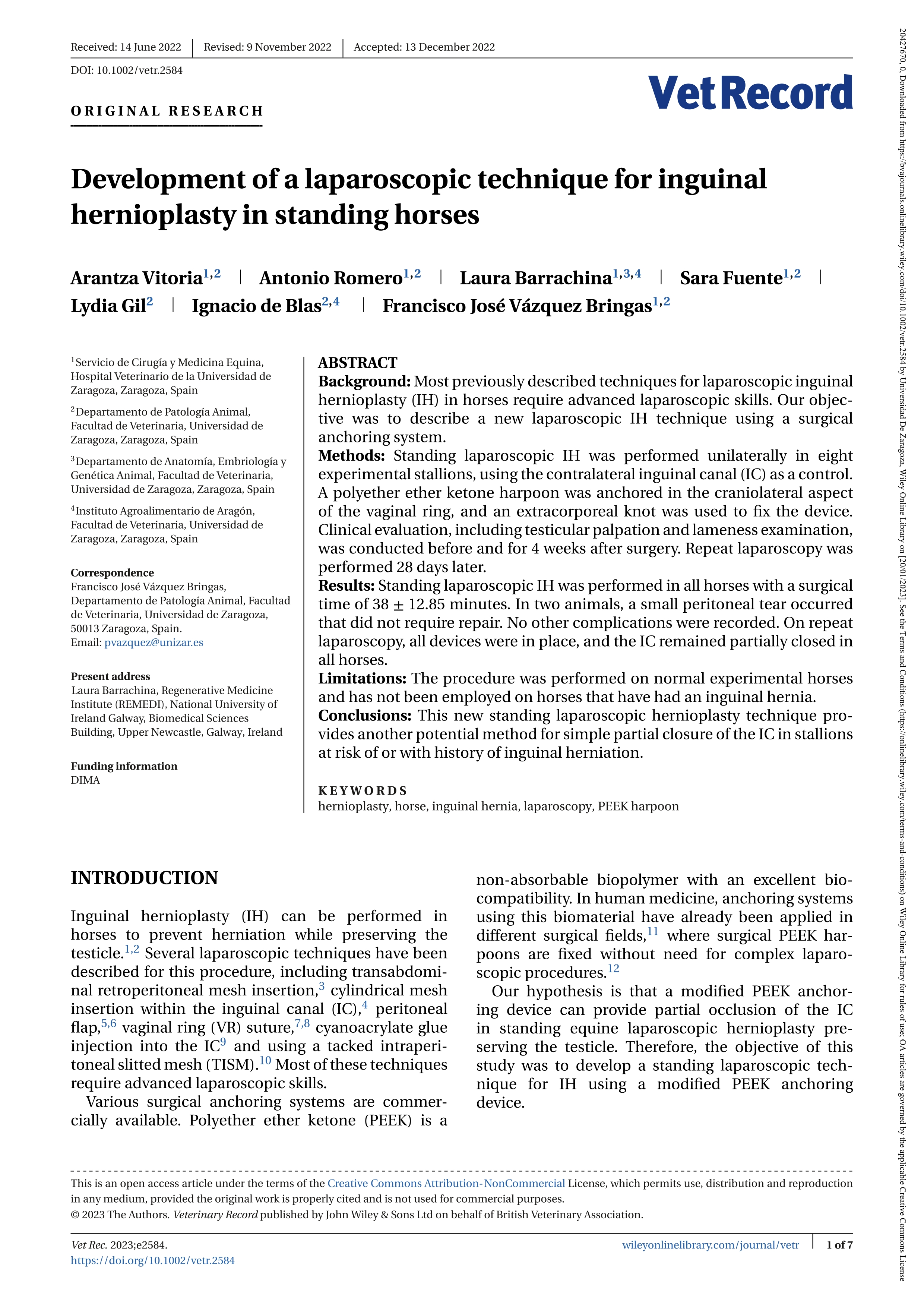 Development of a laparoscopic technique for inguinal hernioplasty in standing horses