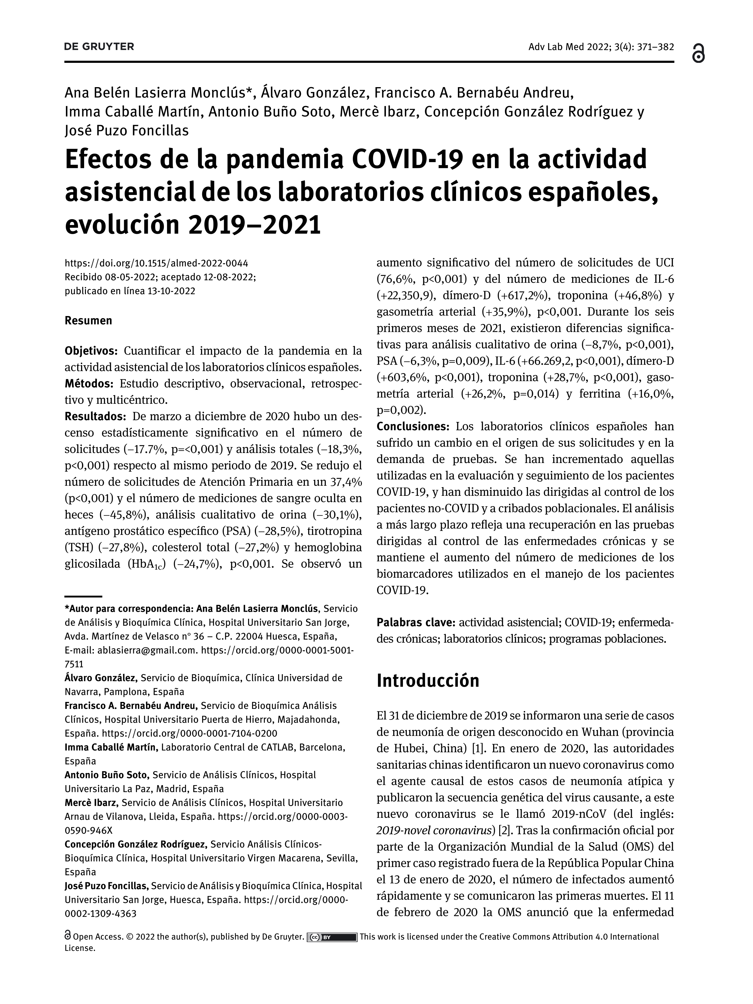 Efectos de la pandemia COVID-19 en la actividad asistencial de los laboratorios clínicos españoles, evolución 2019–2021