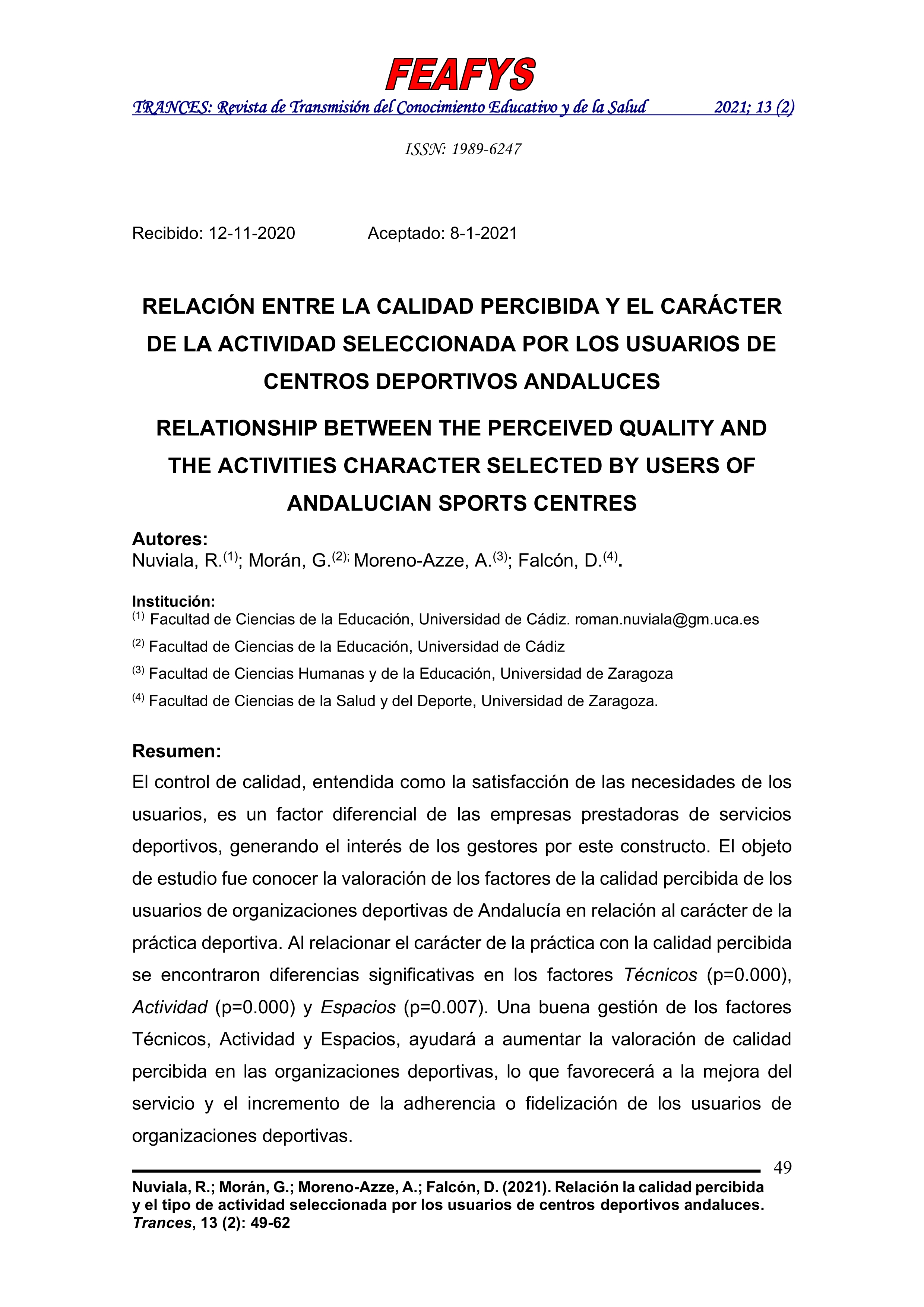 Relación entre la calidad percibida y el carácter de la actividad seleccionada por los usuarios de centros deportivos andaluces